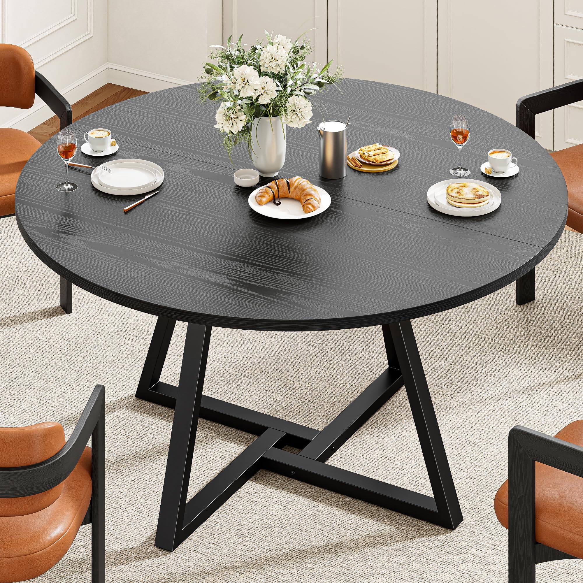 Front. MAGICAL RUBS - 43" Round Dining Table For 4  Wood Kitchen With Metal Base Space Saving Industrial Circle Dinner Room Gray - Black 51 In.