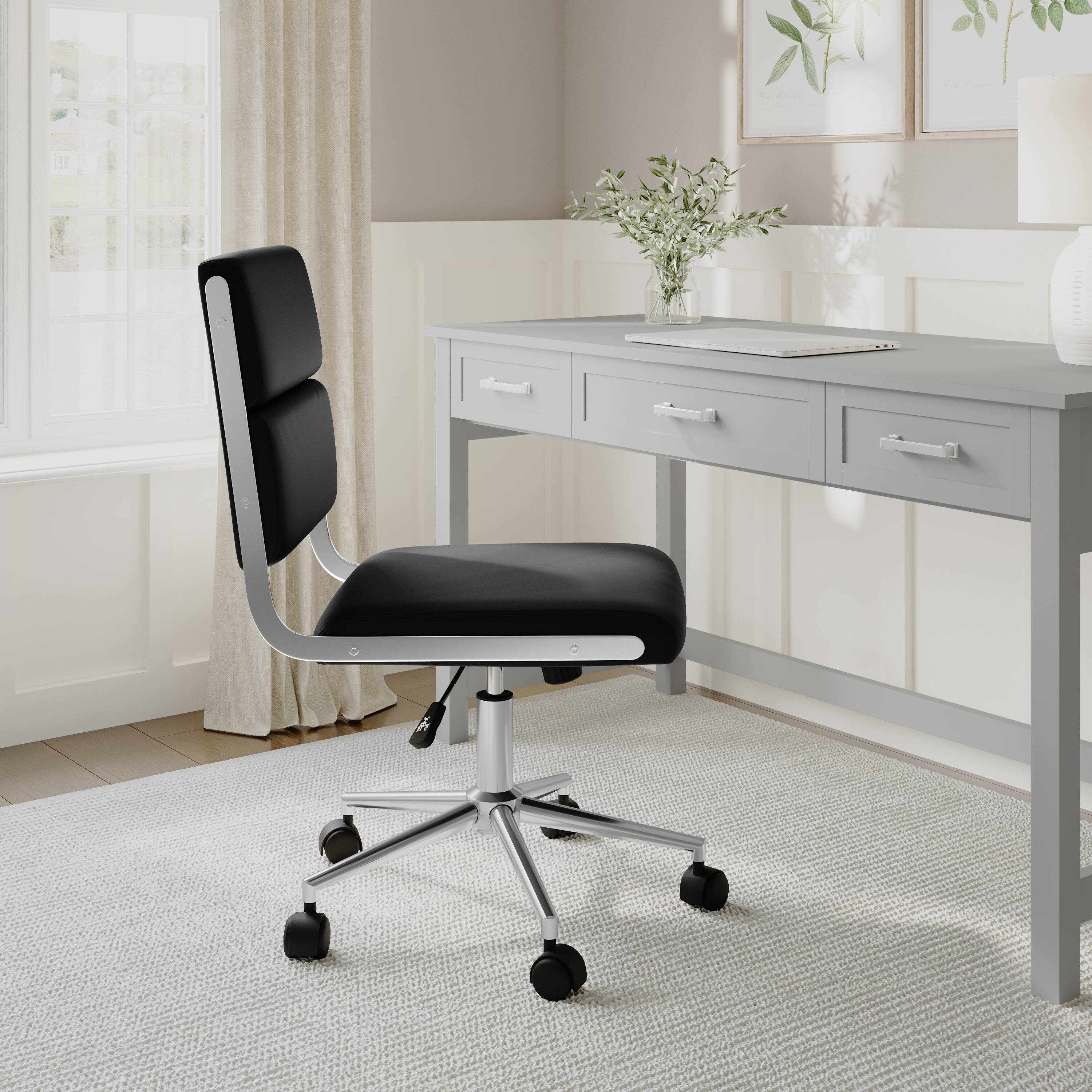 Alt View 1. Martha Stewart - Lulu Upholstered Height-Adjust Swivel Home Office Chair - Black Faux Leather/Polished Nickel Frame.