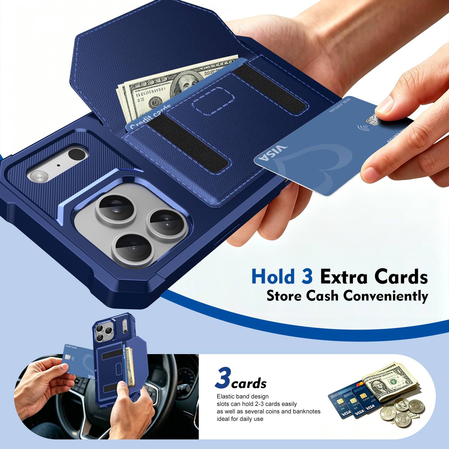 HE 1 1 21 Card Credit VISA VS GC Hold 3 Extra Cards Store Cash Conveniently MESA 3 3cards Elastic band design slots can hold 2-3 cards easily as well as several coins and banknotes ideal for daily use VISA