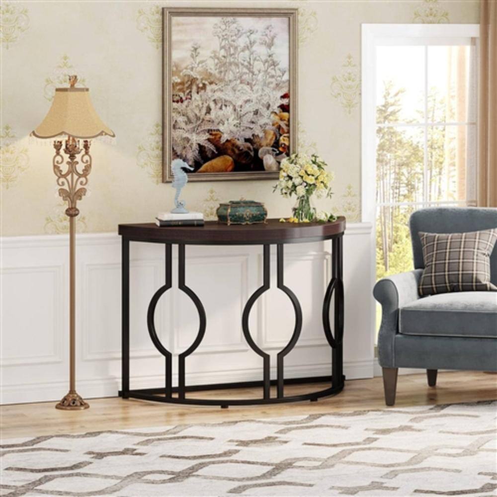 Angle. Hivvago - Modern 43-inch Half Moon Accent Console Table with Brown Wood Top Black Frame - Black, Brown.
