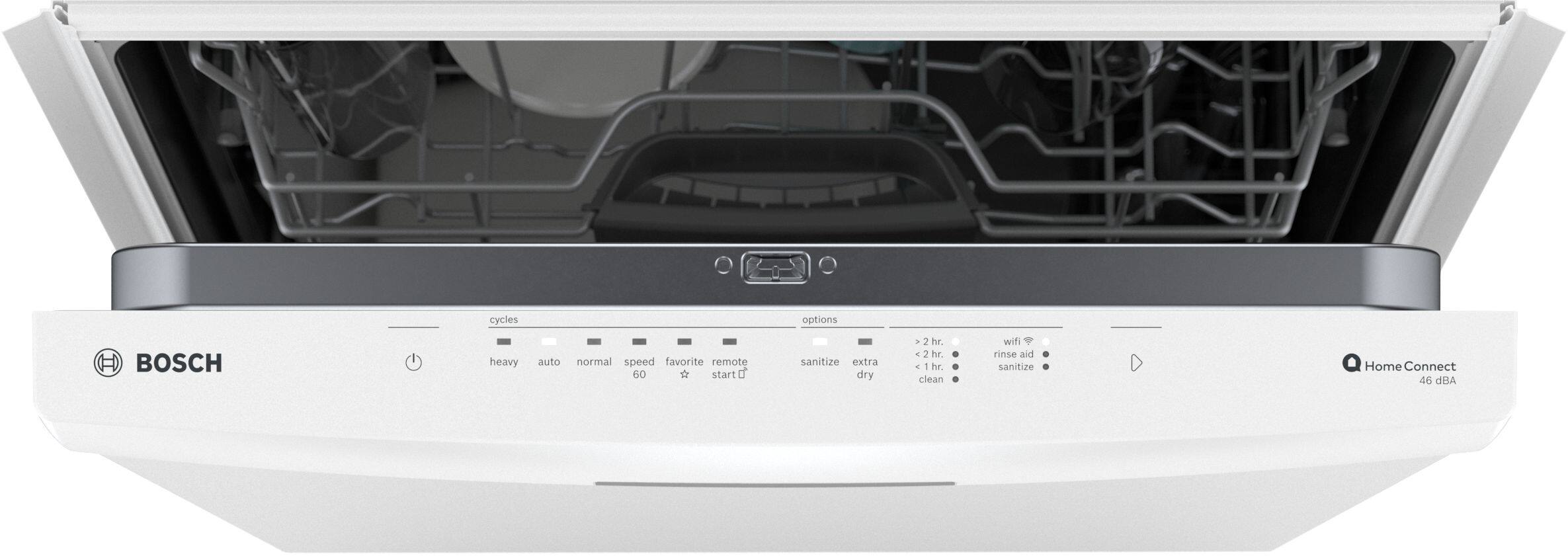 cycles: heavy, auto, normal  
options: speed, favorite, remote start, sanitize, extra dry  
- 2 hr clean  
- < 2 hr  
wifi, rinse aid, sanitize  
Home Connect 46 dBA