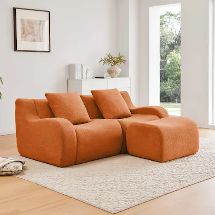 Front. Aukfa - Modular Teddy Fabric Sofa - 2-Seat Sectional with 1 Ottoman, Soft Boneless Design for Living Room - Orange.