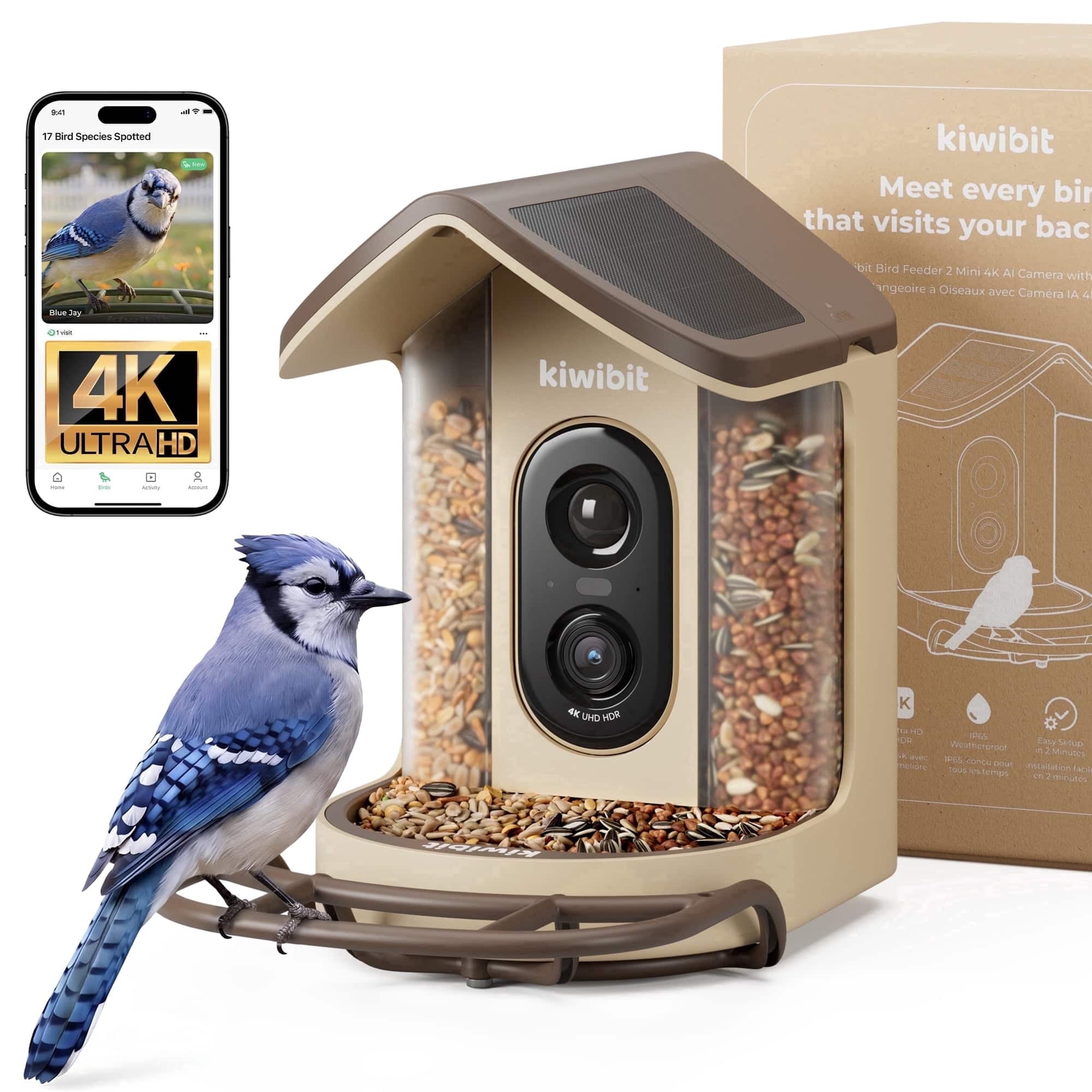 Kiwibit - Solar Smart Bird Feeder 2 Mini with Camera, 4K HDR, AI Identifies 10,000+ Bird Species, 1080p Slow Motion, Easy Setup - Brown price history on PriceWatchPro
