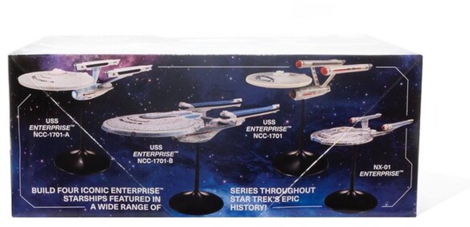 USS ENTERPRISE NCC-1701-A  
USS ENTERPRISE NCC-1701  
USS ENTERPRISE NCC-1701-B  
NX-01 ENTERPRISE  

BUILD FOUR ICONIC ENTERPRISE STARSHIPS FEATURED IN A WIDE RANGE OF SERIES THROUGHOUT STAR TREK'S EPIC HISTORY!