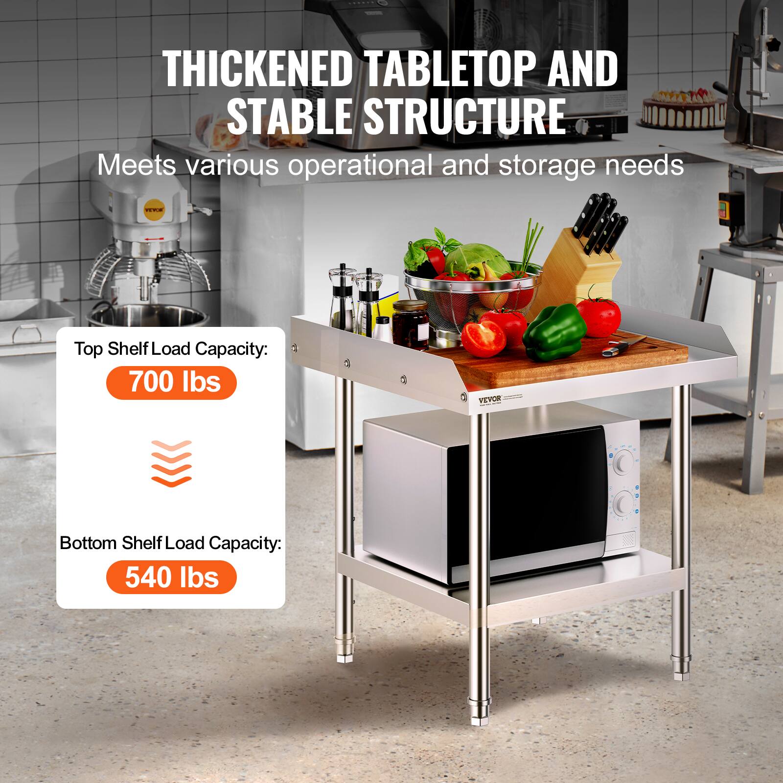THICKENED TABLETOP AND STABLE STRUCTURE
Meets various operational and storage needs
Top Shelf Load Capacity: 700 Ibs
Bottom Shelf Load Capacity: 540 Ibs