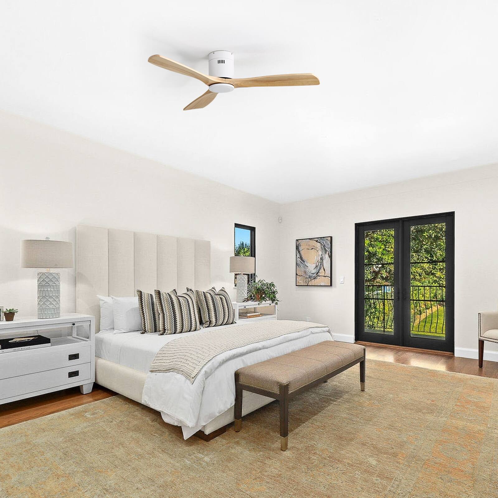 Alt View 4. Sofucor - 52'' Smart Ceiling Fan No Light Flush Mount Solid Wood Ceiling Fan w/ Voice & App & Remote Control for Bedroom/Farmhouse - White-Burley Wood.