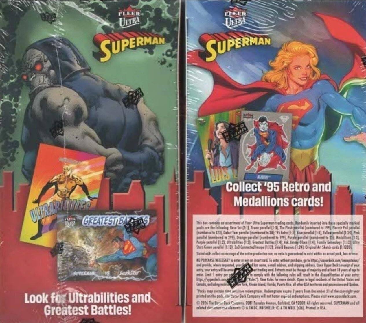 FLEER ULTRA SUPERMAN SUPERMAN ULTRARIO M3O GREATESTE 6s Collect '95 Retro and Medallions cards! The aod of Fleer Bex Set pI The 12 Debut Tear N te f Purple   (14] Shers (1.24) An Stuted eth  N PURCHASE NECESSARY t g [124] Look for Ultrabilities and Greatest Battles! "Pado mAT cartoin Deck  21N Capery 2001 IN Tew eet N  I TH al 1 men CA 92008 AT [31) 31 el the USA yeOr and