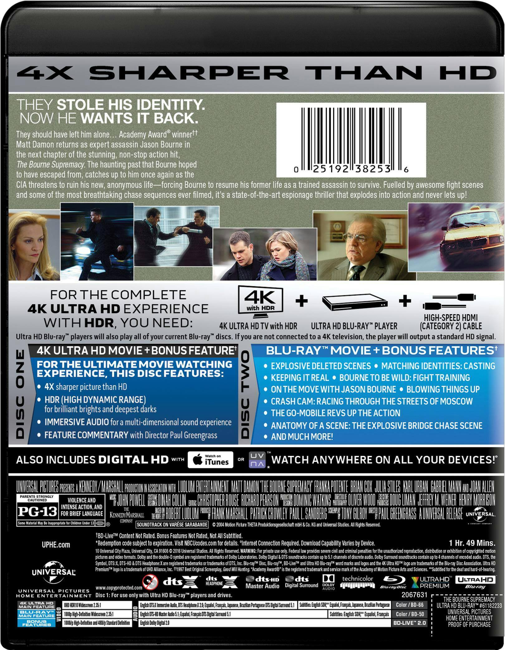 Back. The Bourne Supremacy   - 4K Blu-Ray.
