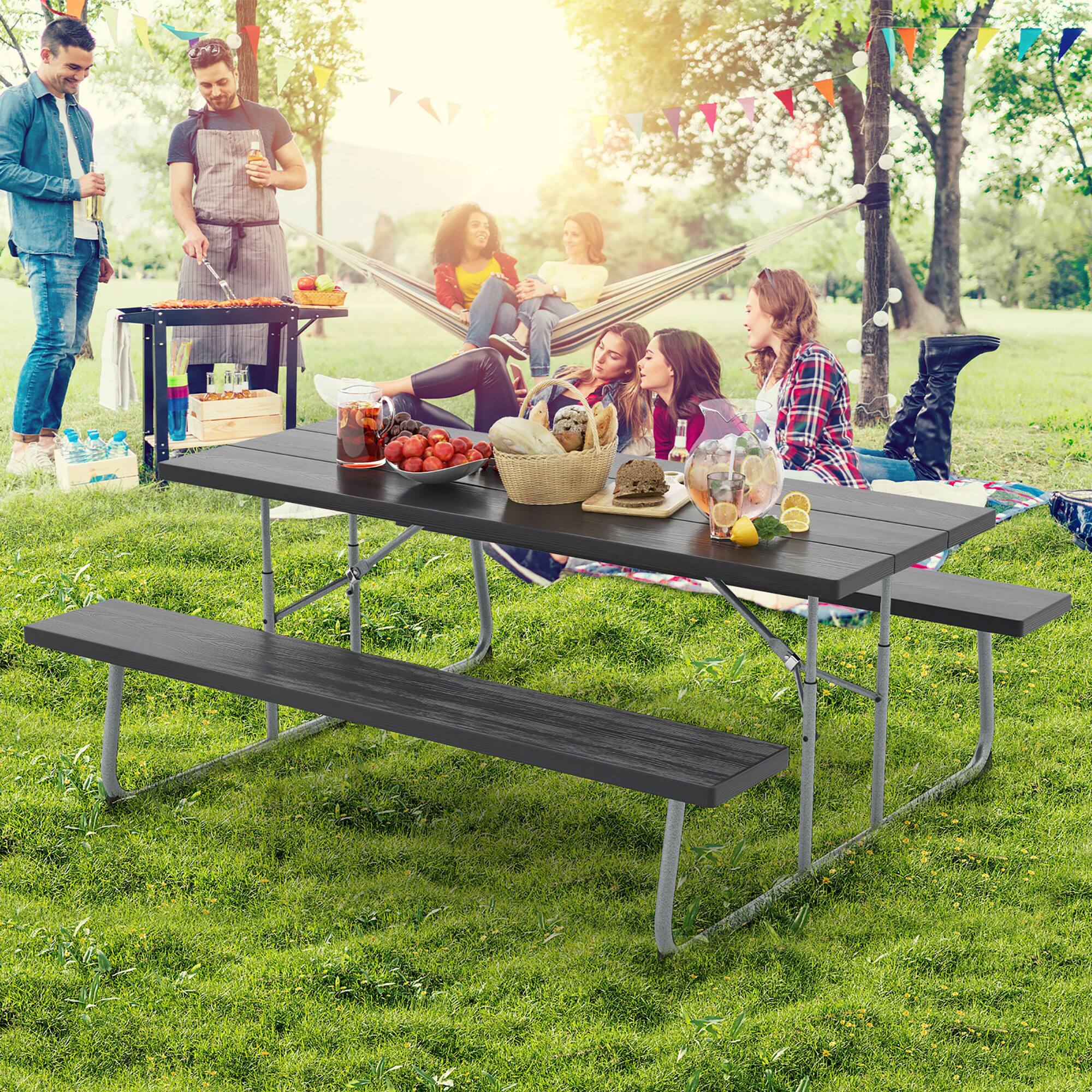 Alt View 4. Gymax - Gymax Folding Picnic Table w/ 2 Benches 6 FT Camping Table Set w/ Metal Frame - Black.