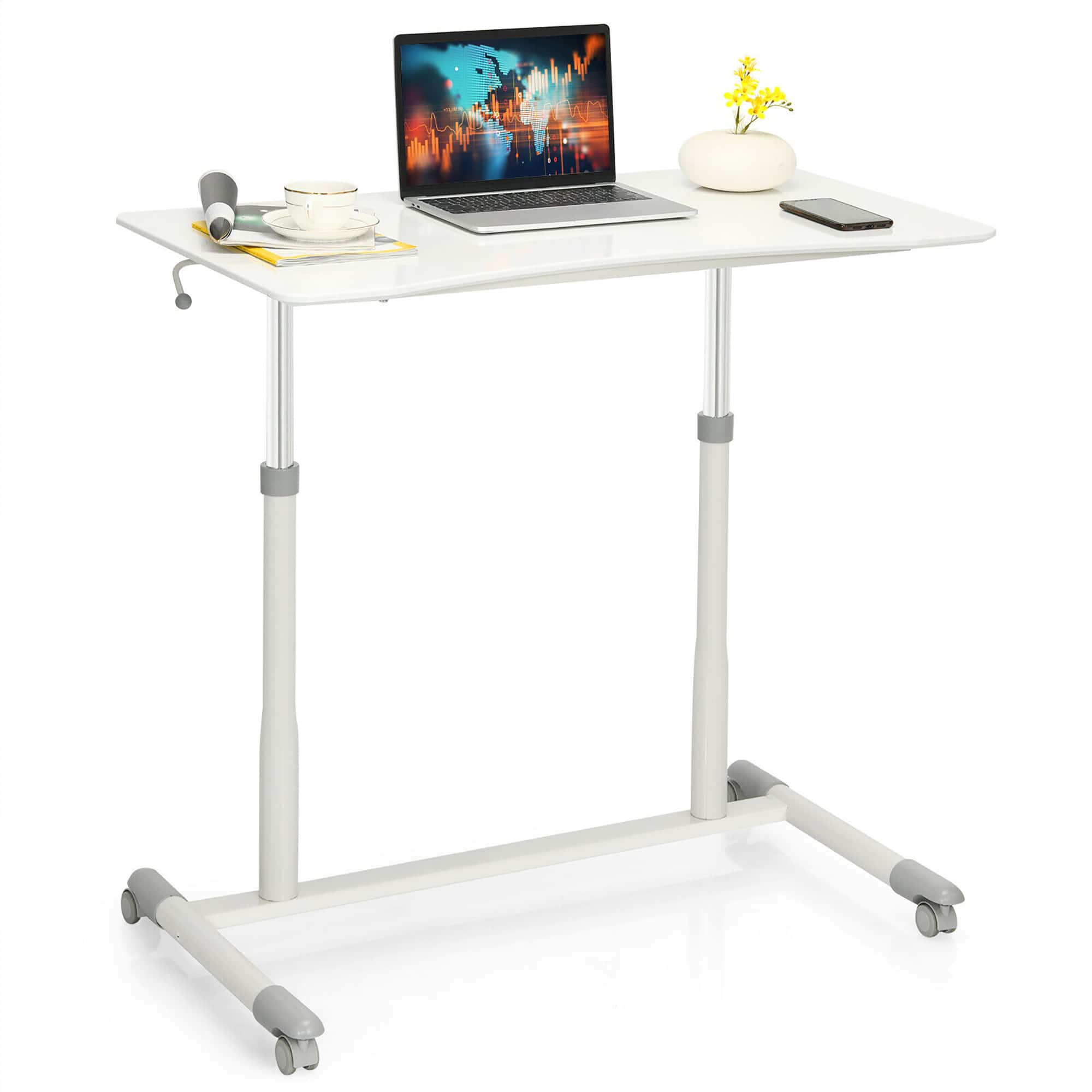 Costway - Height Adjustable Computer Desk Sit to Stand Rolling Notebook Table Portable - White