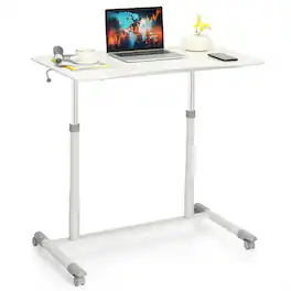 Costway - Height Adjustable Computer Desk Sit to Stand Rolling Notebook Table Portable - White