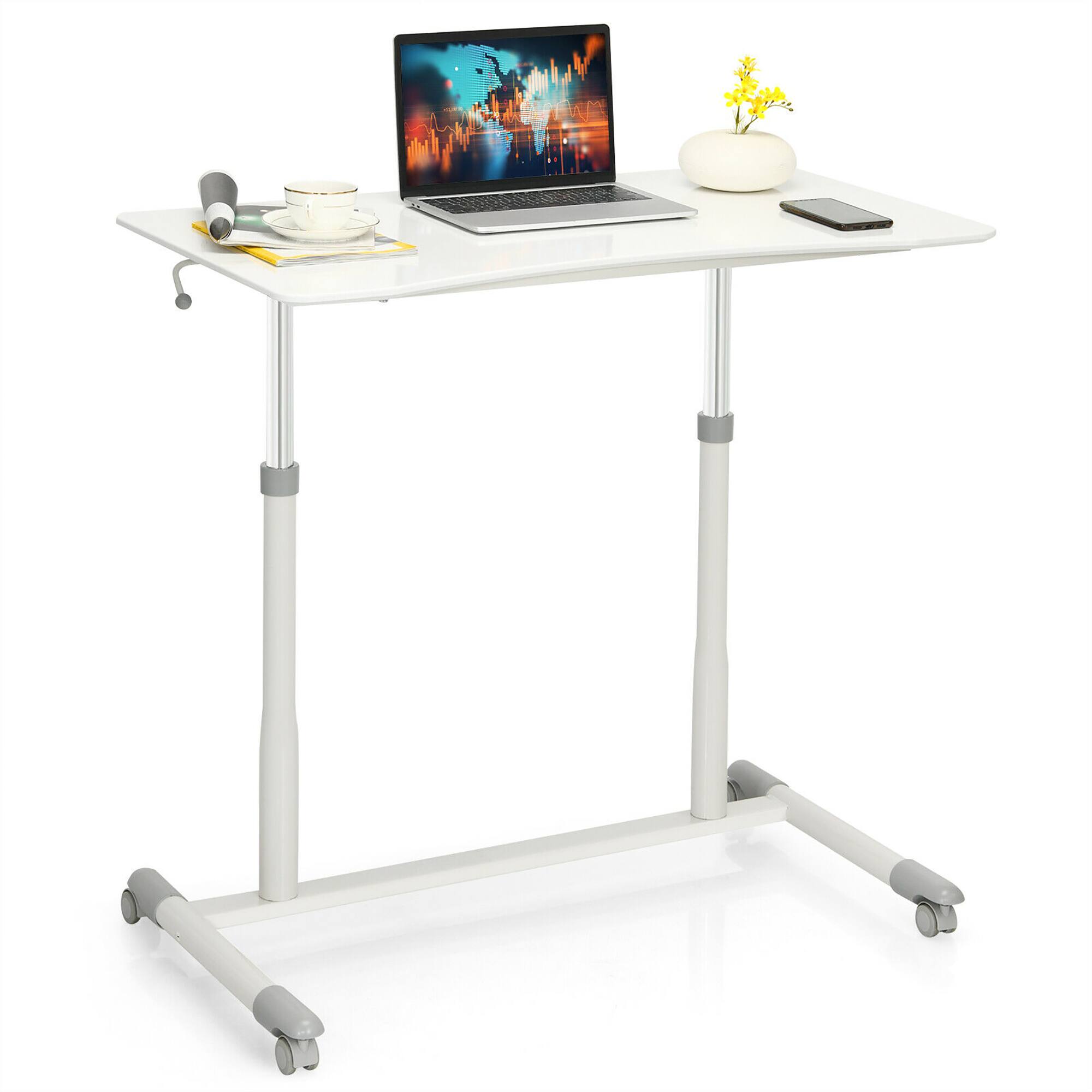 Costway - Height Adjustable Computer Desk Sit to Stand Rolling Notebook Table Portable - White
