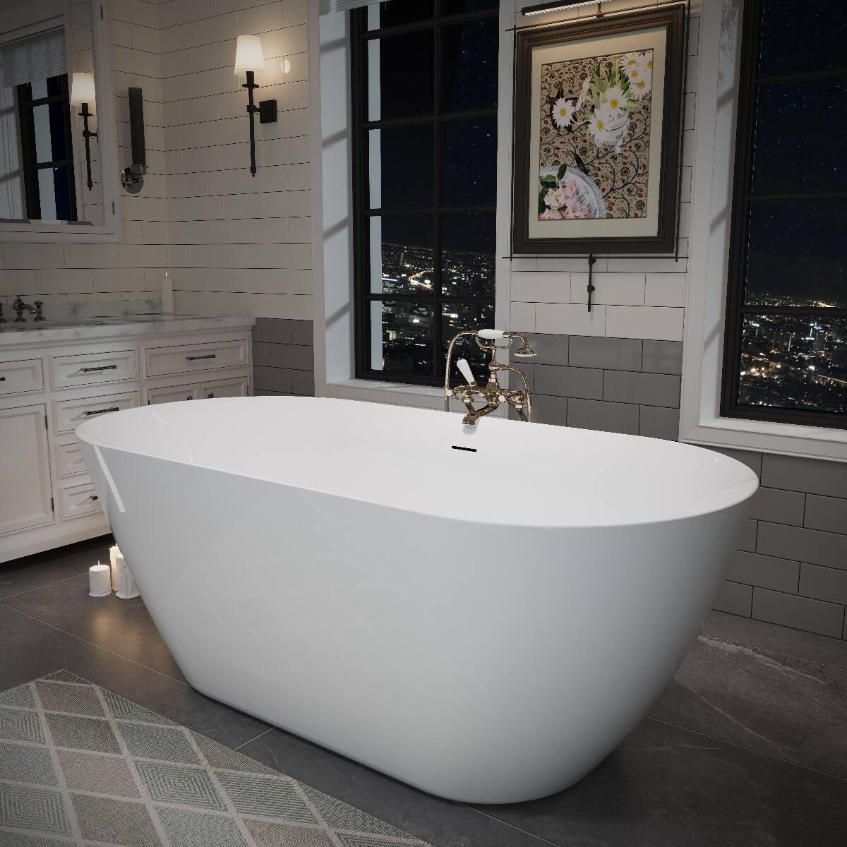 Alt View 4. Loheer - Loheer 55 Inch Acrylic Freestanding Bathtub Oval Deep Soaking Tub with Pop Up Drain and Integrated Overflow - Glossy White.