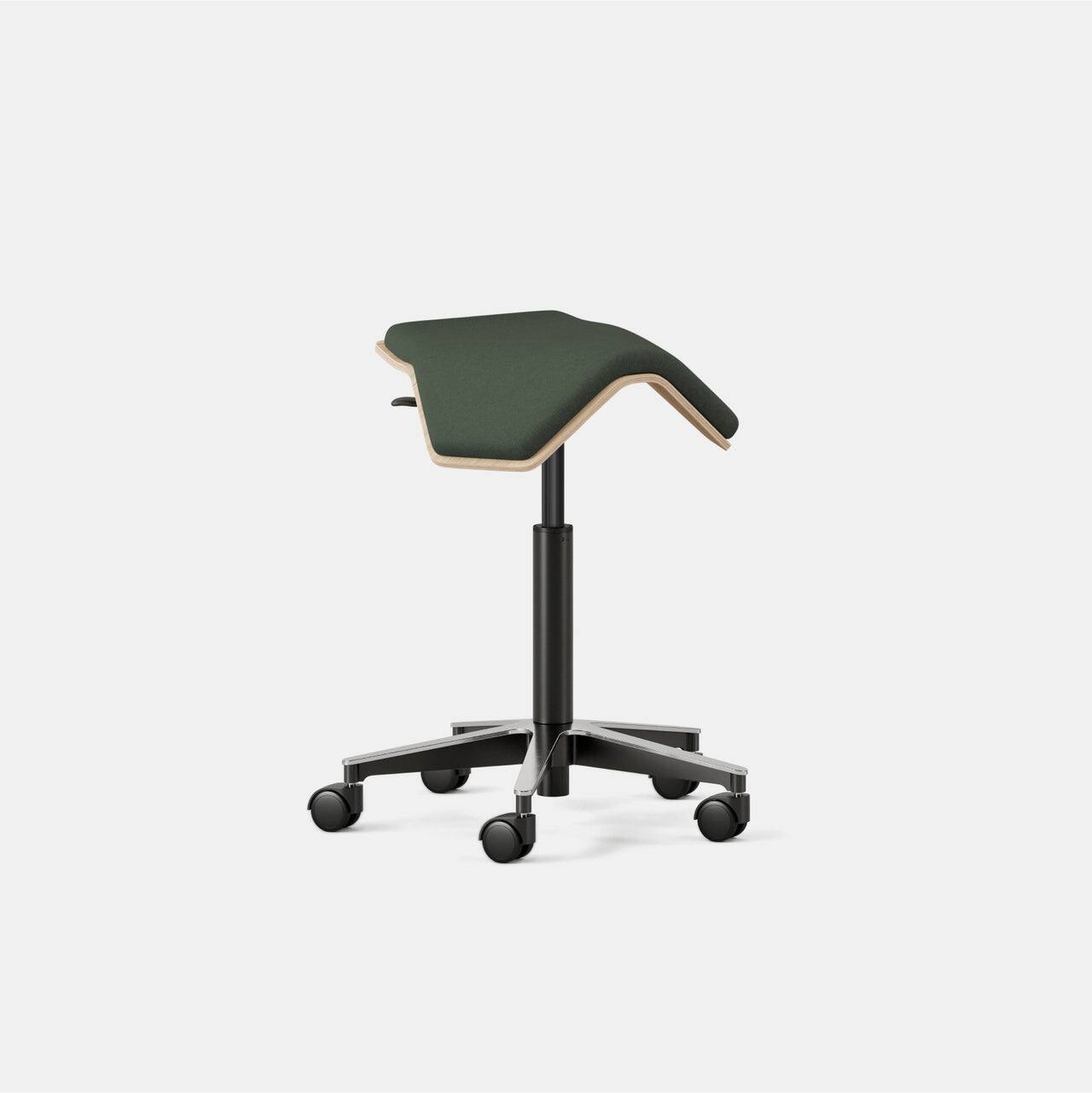 Left. Branch Furniture - Branch Saddle Chair Plus – Rolling Ergonomic Stool for Healthy Posture with Birch Frame and Recycled Seat Fabric" - Forest / Wood.