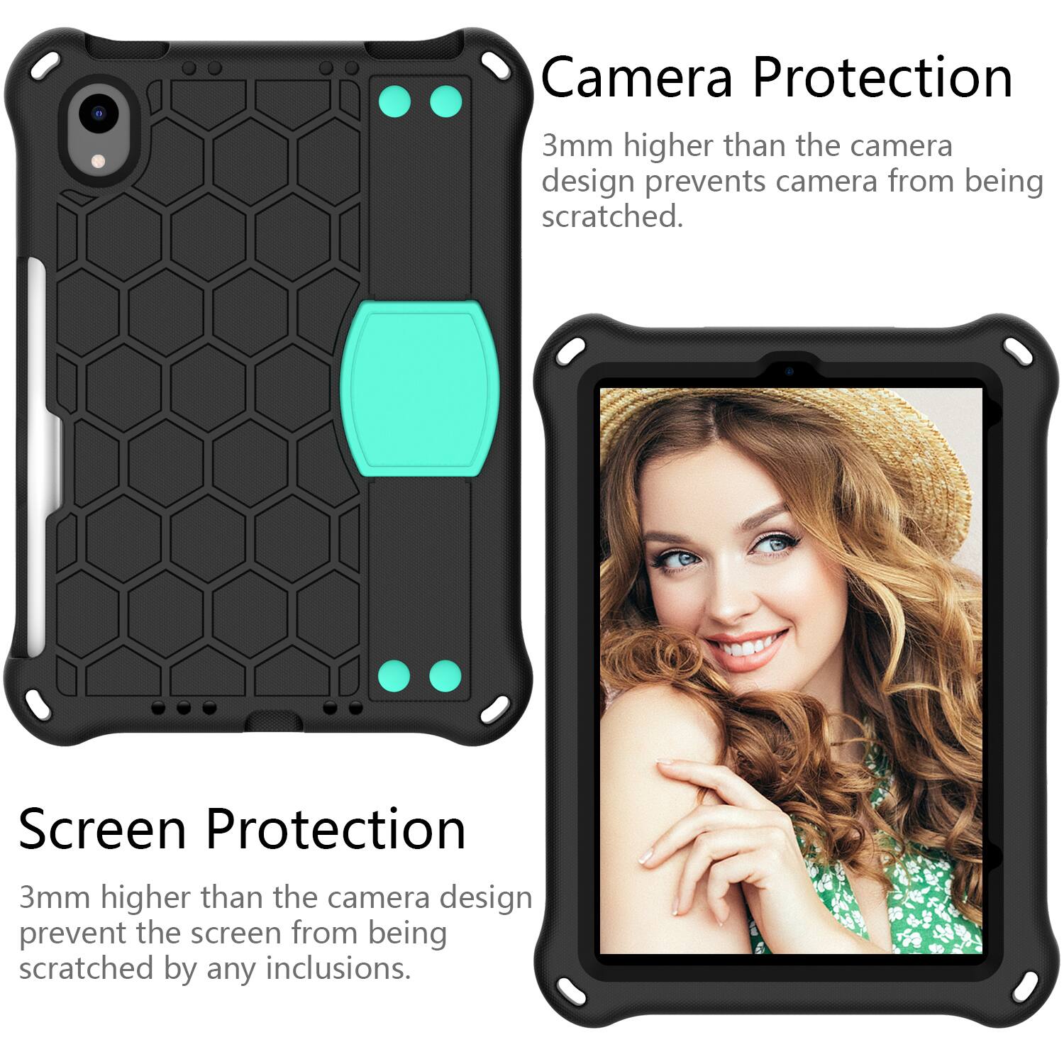 Camera Protection  
3mm higher than the camera design prevents camera from being scratched.  

Screen Protection  
3mm higher than the camera design prevent the screen from being scratched by any inclusions.