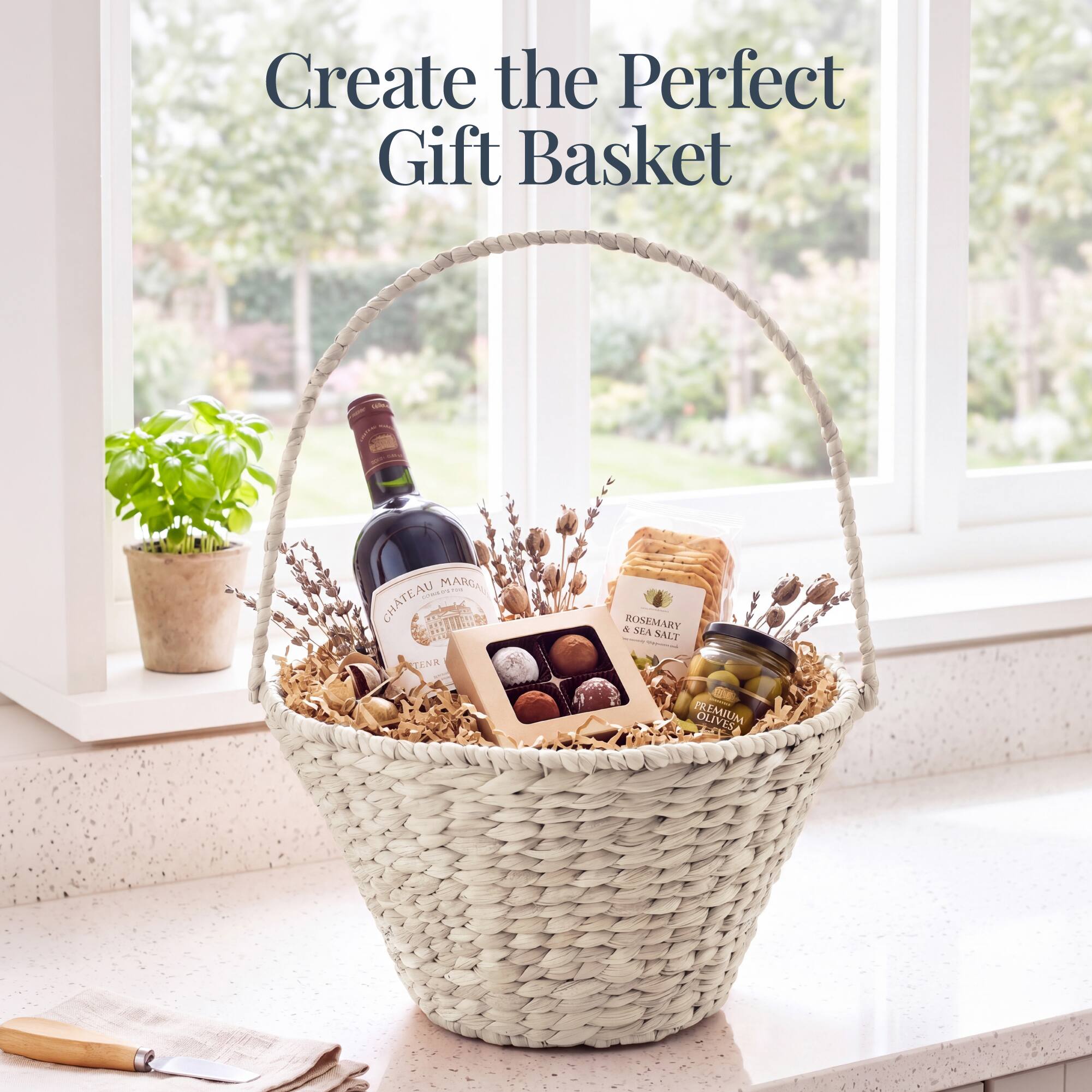 Create the Perfect Gift Basket

- CHATEAU MARGAUX
- ROSEMARY & SEA SALT
- PREMIUM OLIVES