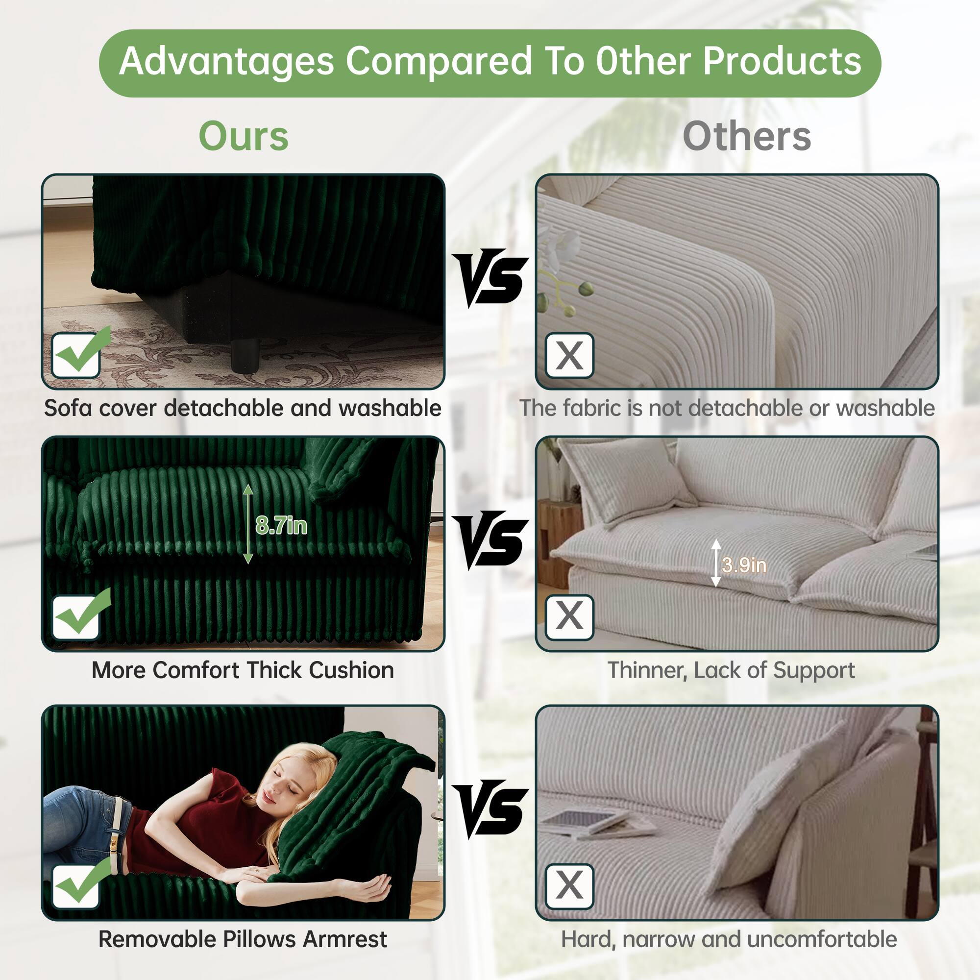 Advantages Compared To Other Products

Ours VS Others

- Sofa cover detachable and washable
  - The fabric is not detachable or washable

- More Comfort Thick Cushion
  - Thinner, Lack of Support

- Removable Pillows Armrest
  - Hard, narrow and uncomfortable

8.71in VS 3.9in
