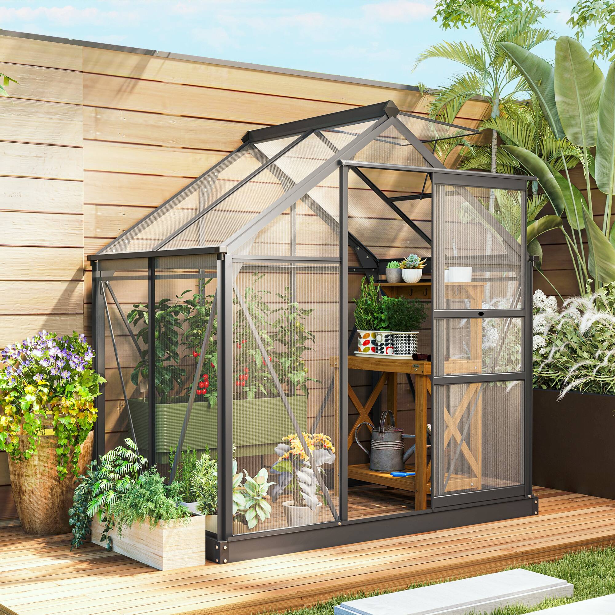 Alt View 3. Outsunny - 6' x 4' Greenhouse for Outdoors, Polycarbonate Greenhouse with Rain Gutter and Roof Vent, Aluminum Walk-in Green House.