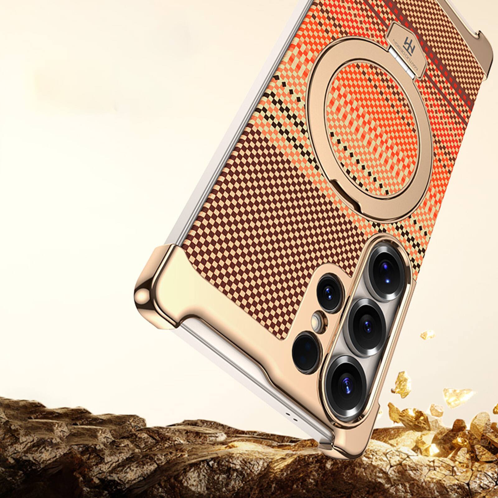 Back. Dteck - Ultra Slim Frameless Magnetic Case for Samsung Galaxy S24 Ultra with Aluminum Ring Stand, Metal Shockproof Hard PC Cover - Orange.