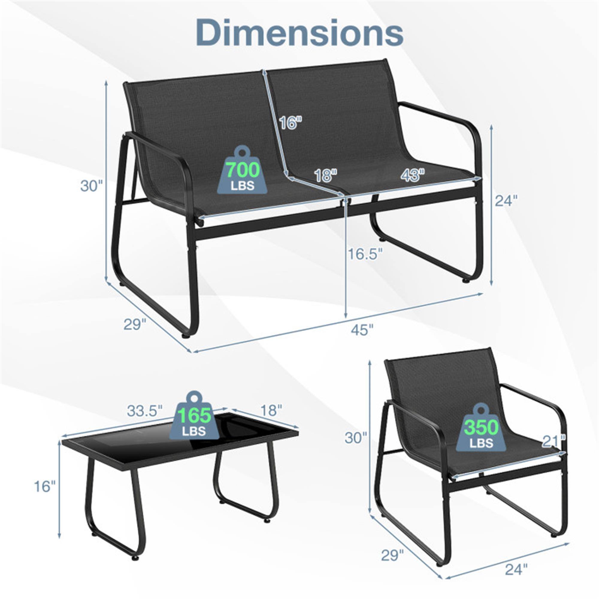Dimensions:

- Bench: 16" x 43" x 30" (700 LBS)
- Table: 18" x 33.5" x 16" (165 LBS)
- Chair: 18" x 29" x 24" (350 LBS)