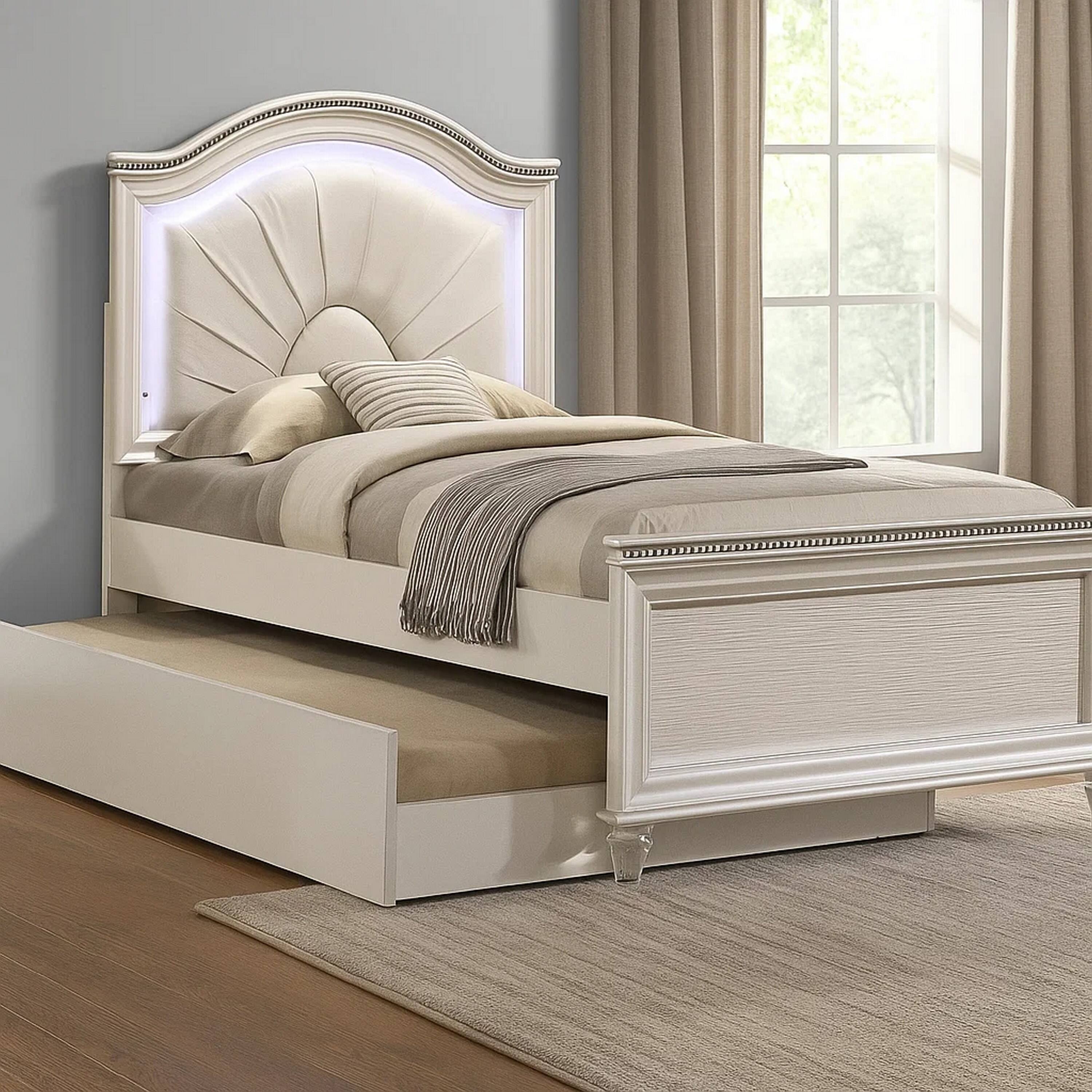 Alt View 5. Manhattan Lane - Jisoo Twin Size Bed, Pearl White Upholstery, Radial Arch Headboard - Pearl White.