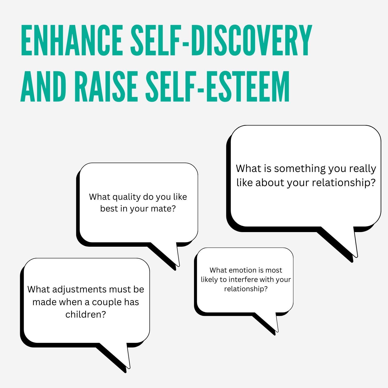 ENHANCE SELF-DISCOVERY AND RAISE SELF-ESTEEM

- What quality do you like best in your mate?
- What is something you really like about your relationship?
- What adjustments must be made when a couple has children?
- What emotion is most likely to interfere with your relationship?