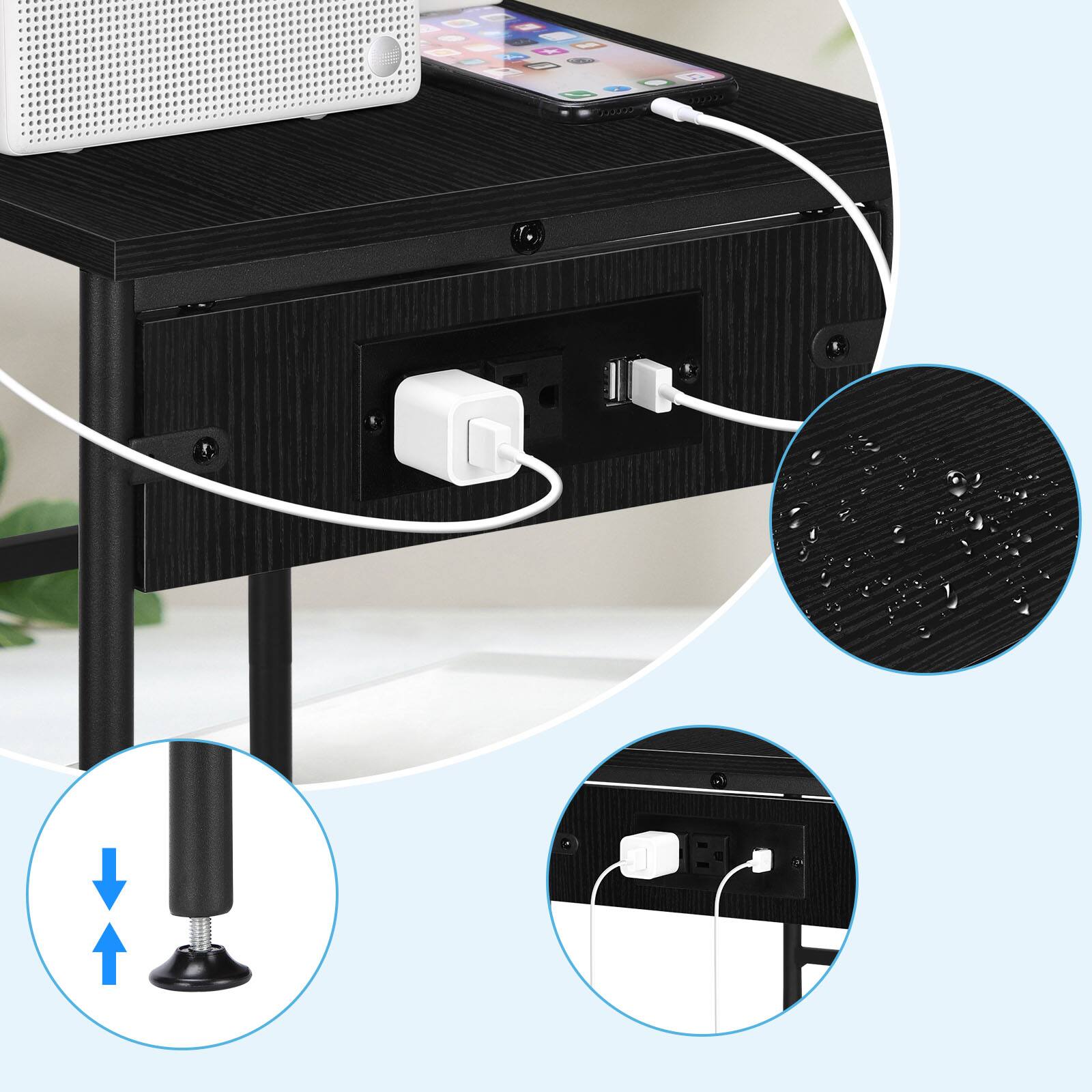 Back. Oumilen - Black 2-Tier End Table with Built-in Charging Station - Black.