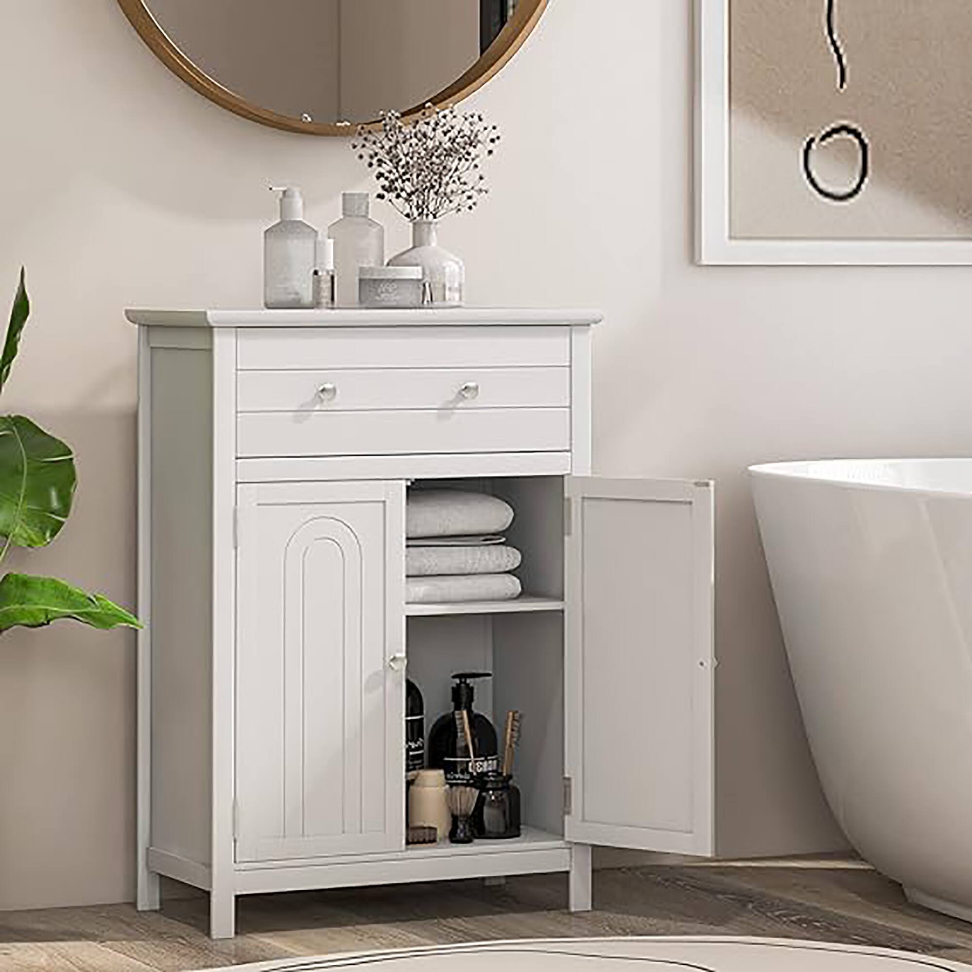 Alt View 1. Gymax - Gymax Bathroom Storage Cabinet Free Standing Large Drawer W/Adjustable Shelf White - White.
