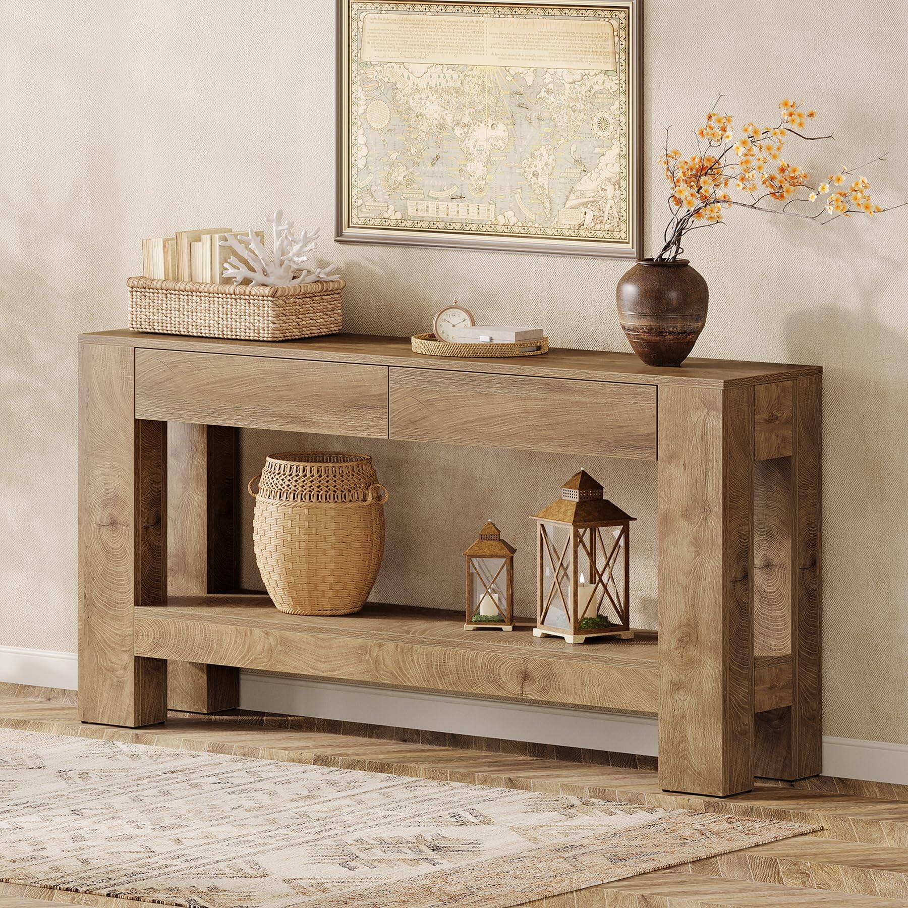 Alt View 4. Tribesigns - 63" Farmhouse Console Table with 2 Drawers and Open Storage Shelf - Brown.