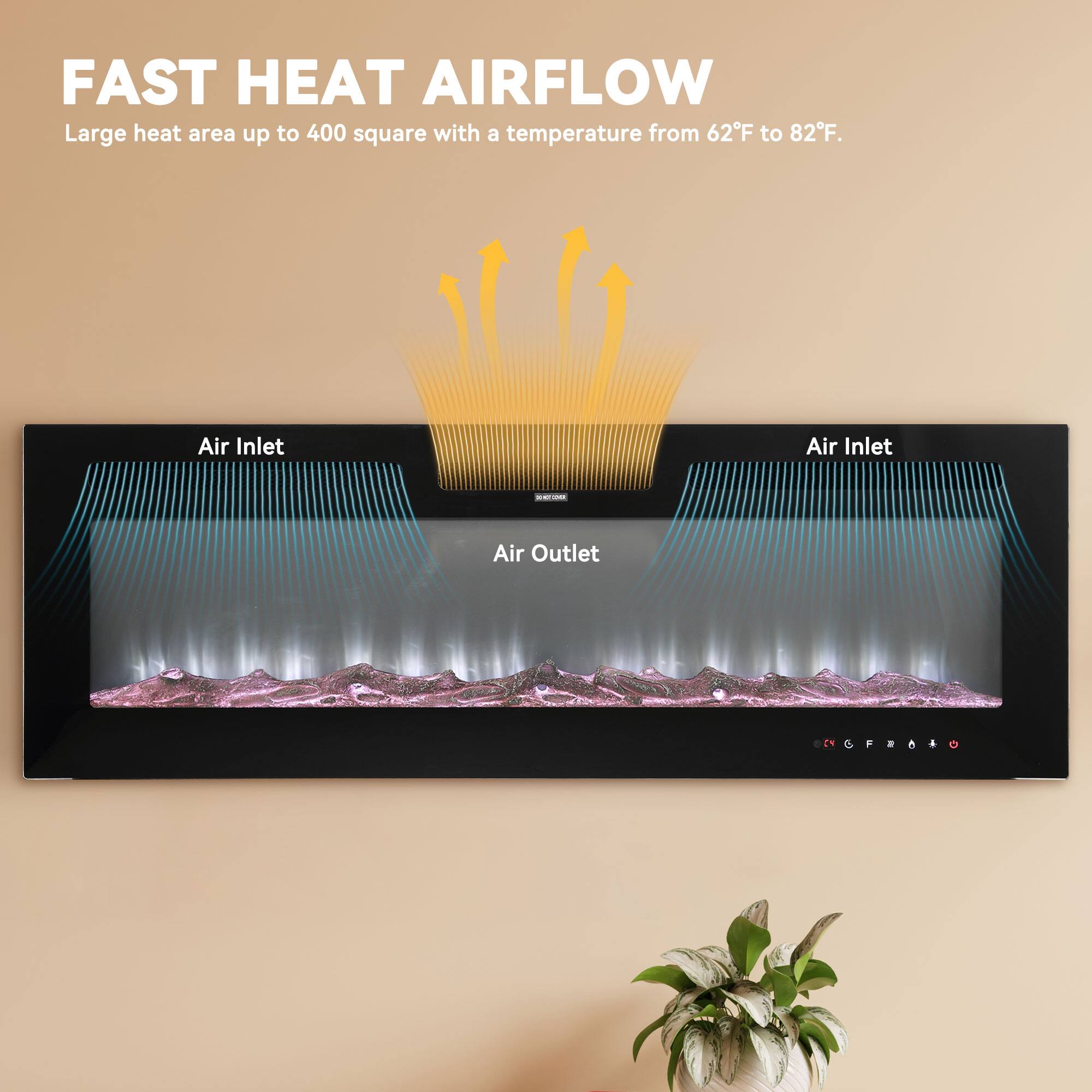 FAST HEAT AIRFLOW  
Large heat area up to 400 square with a temperature from 62°F to 82°F.  

Air Inlet  
Air Outlet  
Air Inlet
