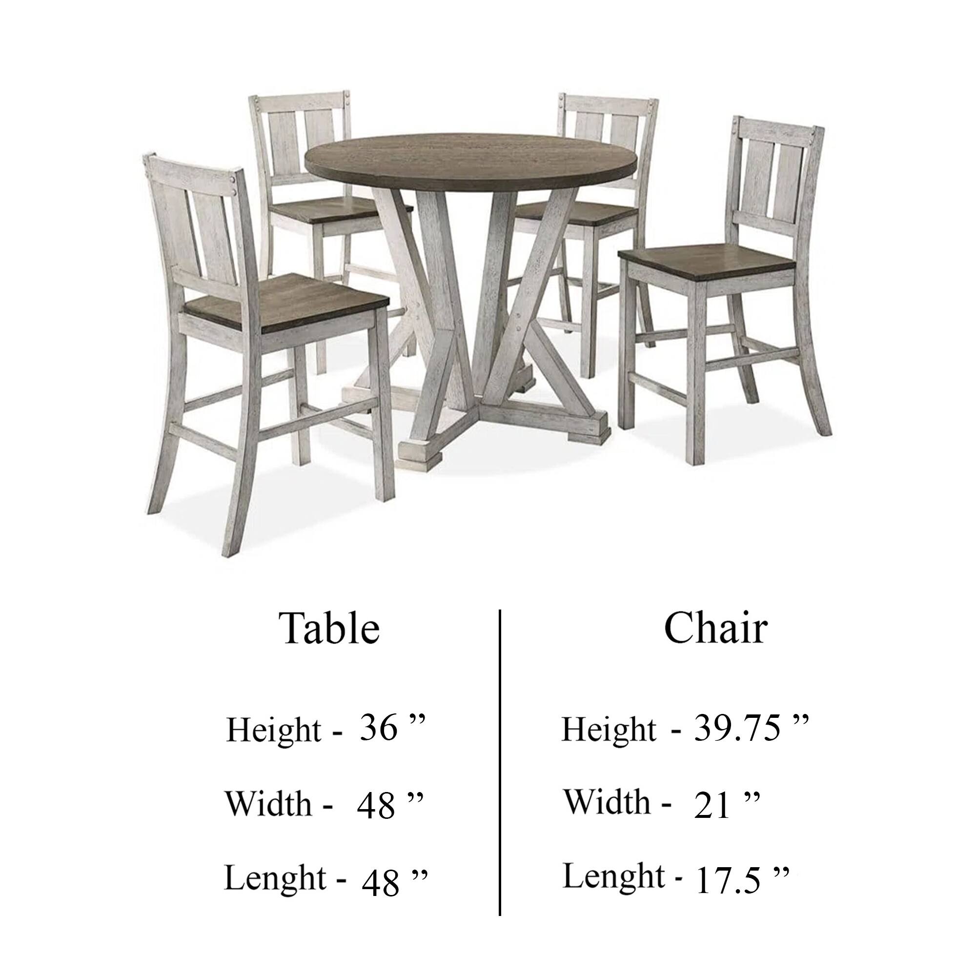 Table  
Height - 36"  
Width - 48"  
Length - 48"  

Chair  
Height - 39.75"  
Width - 21"  
Length - 17.5"