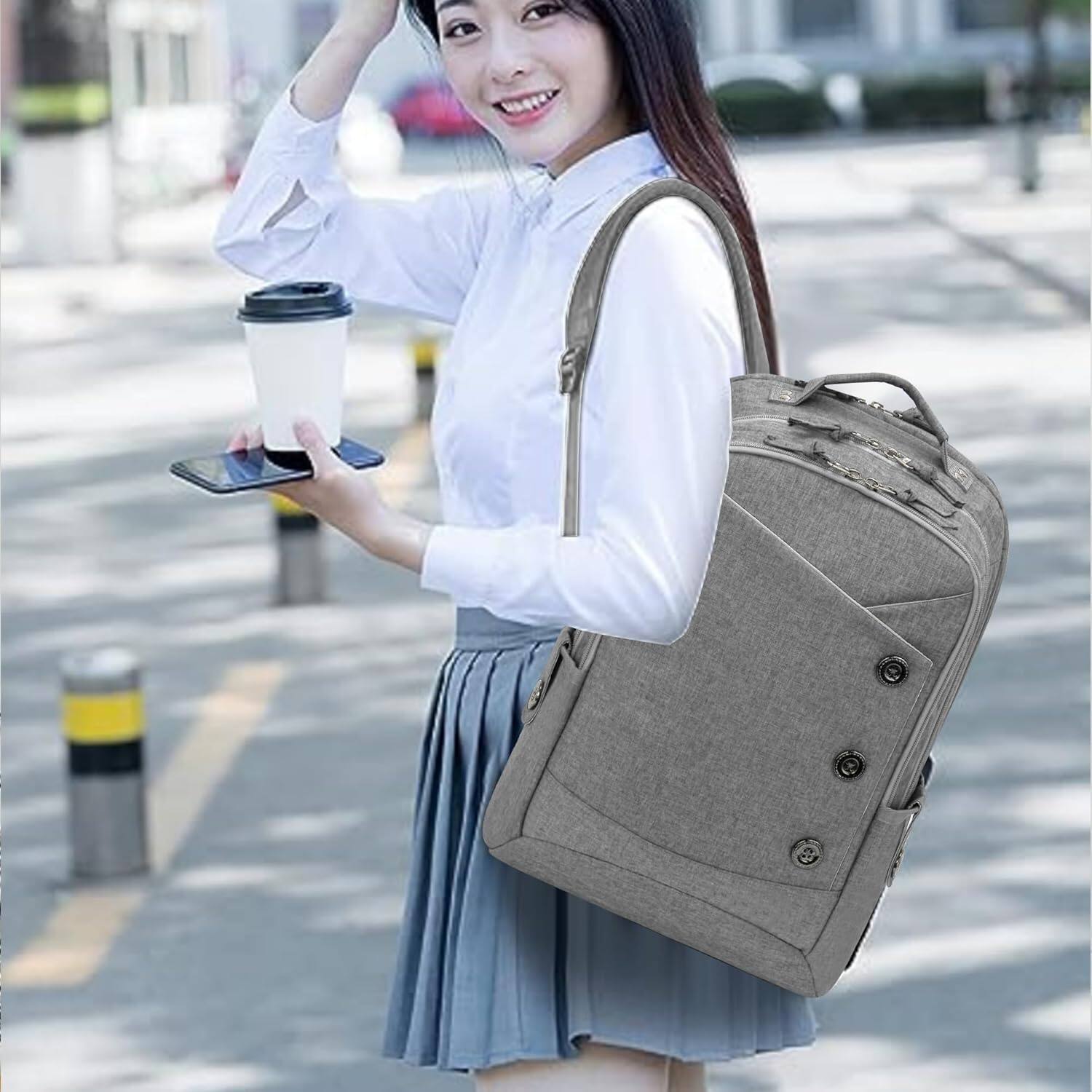 Alt View 5. Wikistore - WIKISTORE 15.6 Inch Laptop Backpack Women Stylish Buttons Water Resistant USB Port College Travel Grey - Grey.