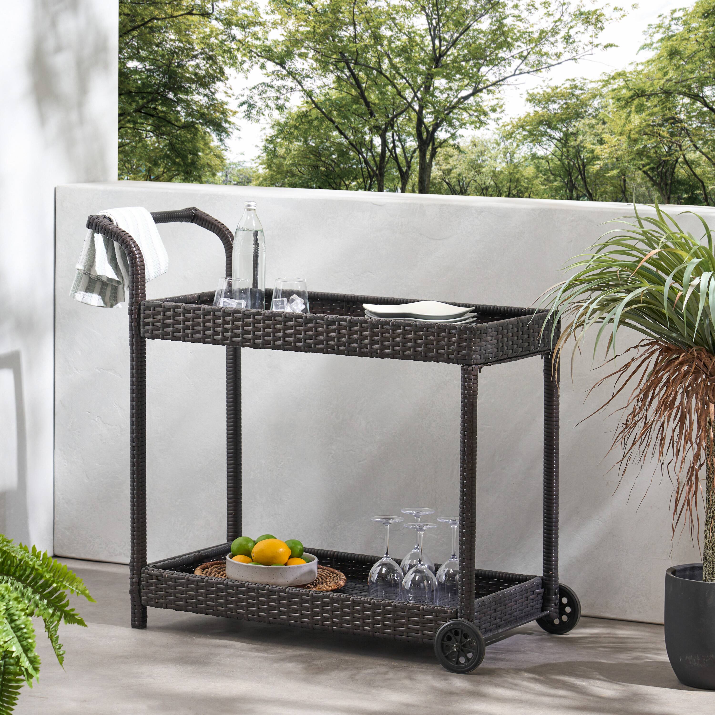 Left. APRILSOUL - Wicker Rolling Bar Cart 38 Wide Mobile Outdoor Indoor Serving Trolley Storage - Brown.