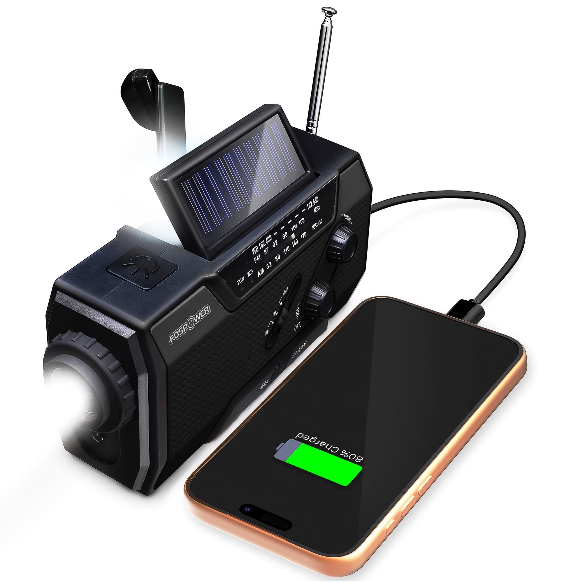 FosPower - Solar Hand Crank Emergency Radio with Flashlight, IPX3 SOS Alarm AM/FM/NOAA Weather Radio, Power Bank Phone Charger - Black