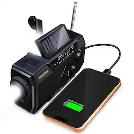 FosPower - Solar Hand Crank Emergency Radio with Flashlight, AM/FM/NOAA Weather Radio 2000mAh Power Bank, IPX3 SOS Alarm - Black