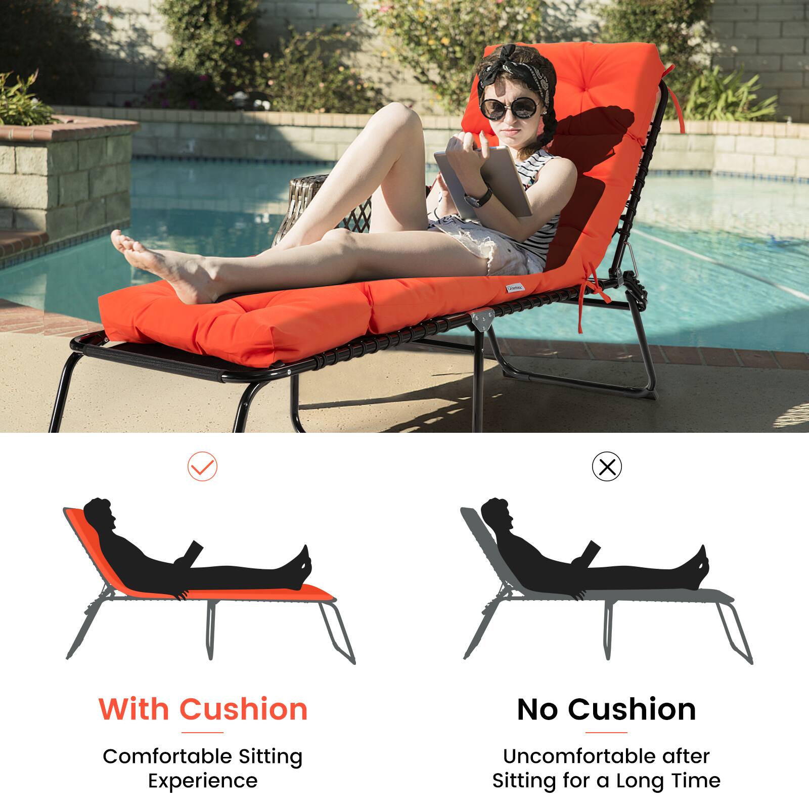 With Cushion  
Comfortable Sitting Experience  

No Cushion  
Uncomfortable after Sitting for a Long Time