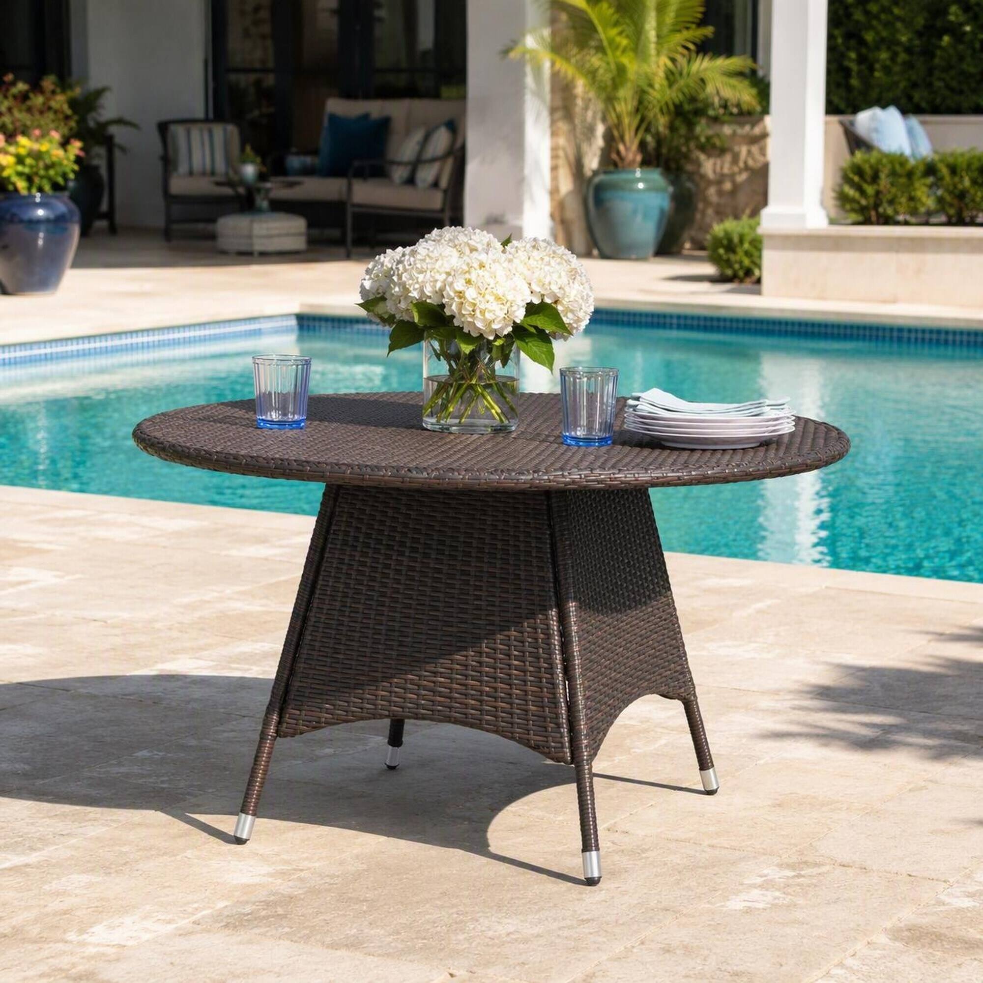 Alt View 1. RYHNUYNE - Dark Brown Wicker Round Patio Dining Table,Weather Resistant Rattan Outdoor Furniture for Garden Deck Porch - Brown.