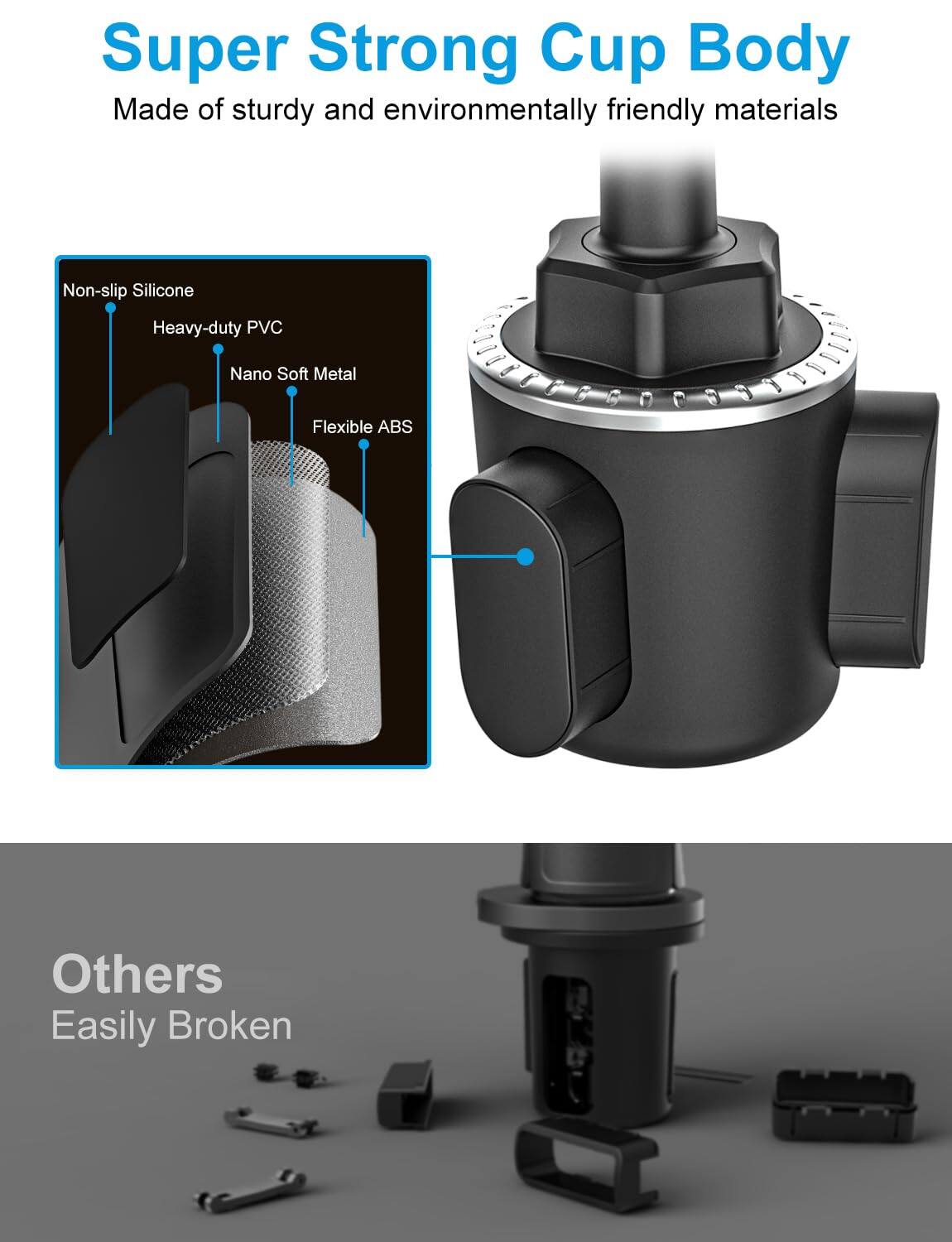Super Strong Cup Body  
Made of sturdy and environmentally friendly materials  

- Non-slip Silicone  
- Heavy-duty PVC  
- Nano Soft Metal  
- Flexible ABS  

Others  
Easily Broken