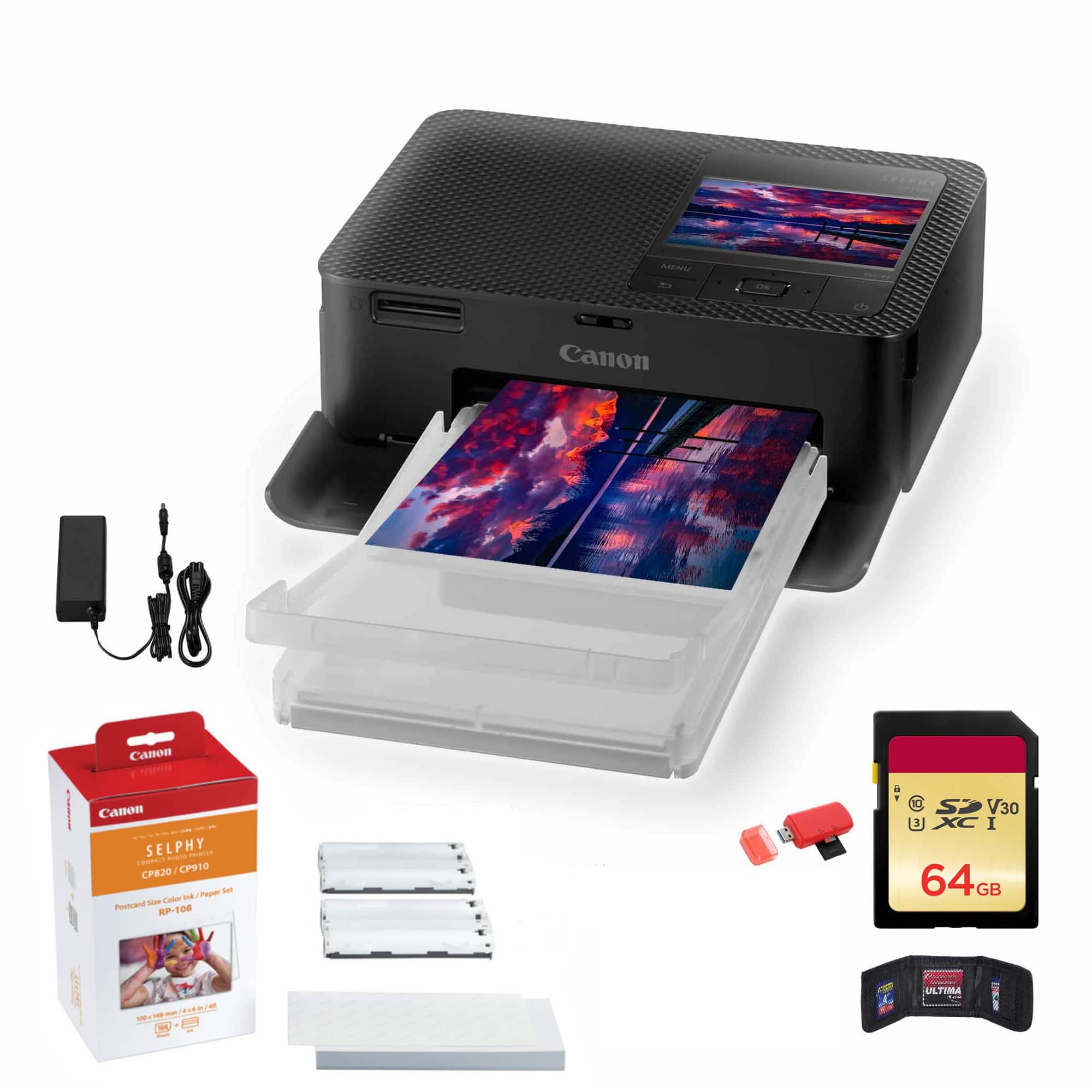 Canon - SELPHY CP1500 Compact Photo Printer + RP-108 Ink and Paper Set + 64GB Card + Cleaning Kit + More - Black