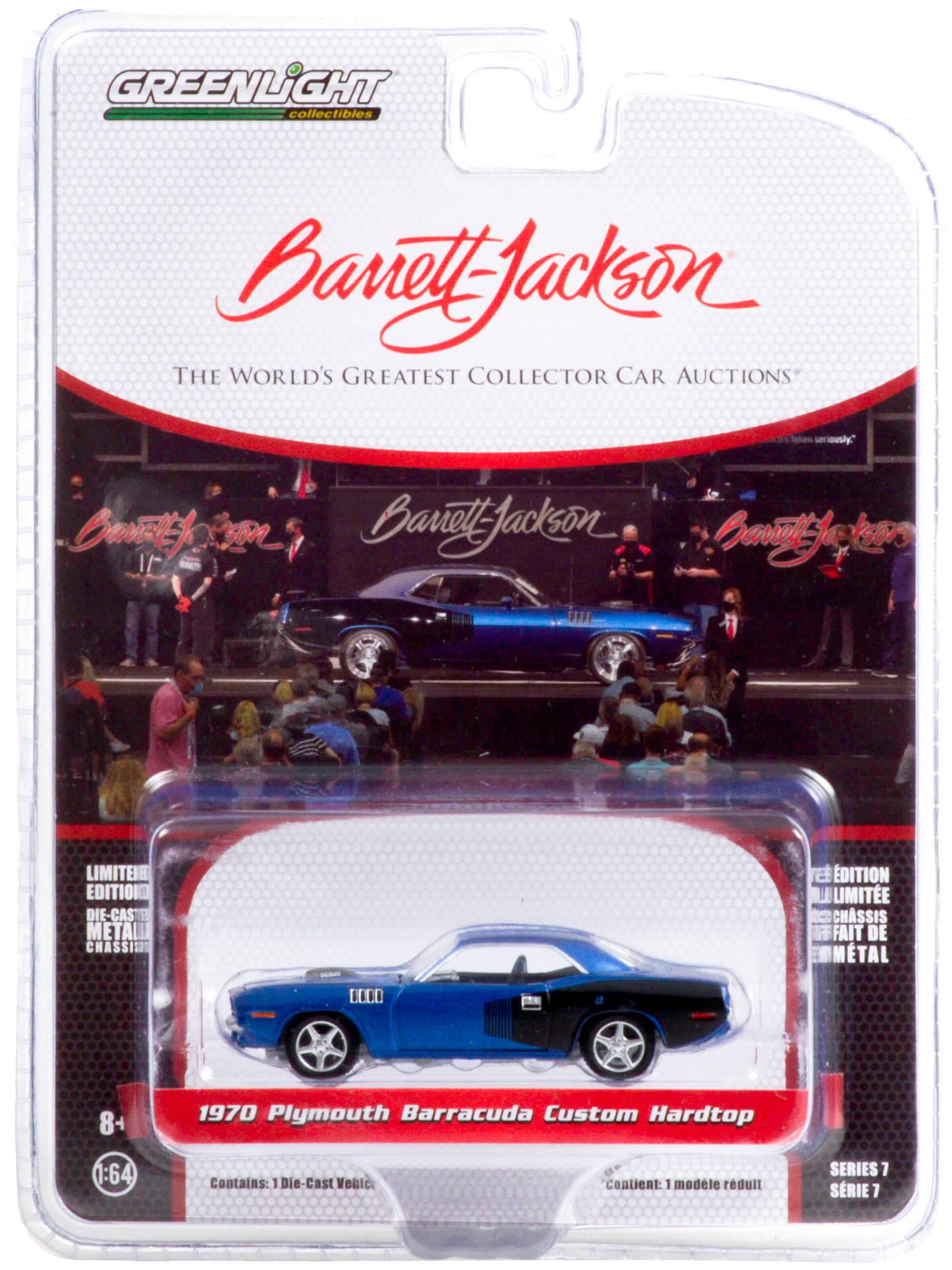 GREENLiIGHT collectibles Barrett Jackson THE WORLD'S GREATEST COLLECTOR CAR AUCTIONS BuEtEy son Barrett-Jackson Barit  ksge 1/ LIMITEED EDITION DIE-CAST METAL CHASSIS EDITION LIMITEE 6 CHASSIS FAIT DE METAL 8+ 1970 Plymouth Barracuda Custom Hardtop 1:64 Contains: 1 Die-Cast Vehicle Contient: 1 modèle réduit SERIES 1 SÉRIE 7