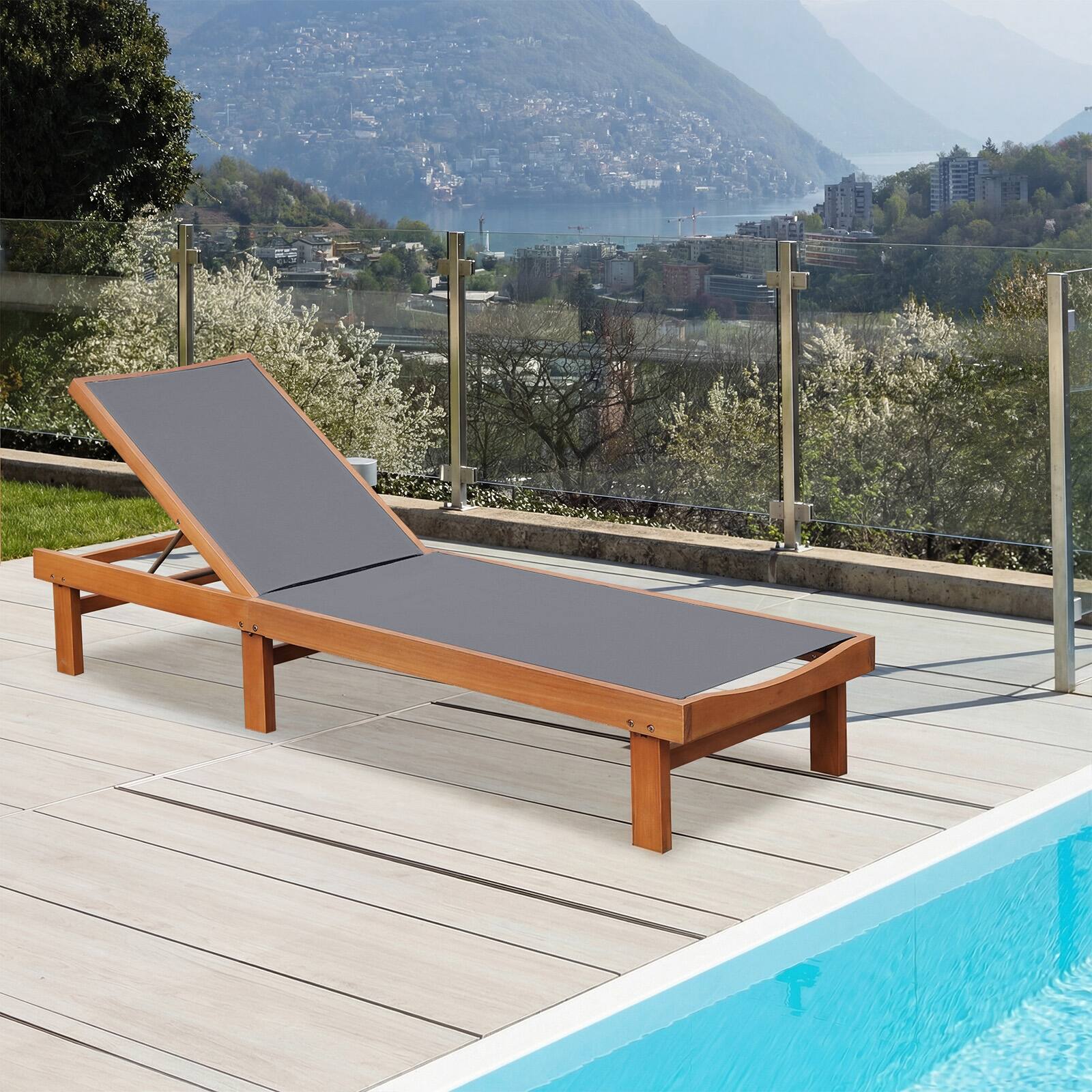 Alt View 3. Costway - Costway Patio Lounge Chair Chaise Solid Wood Back Adjustable Recliner Deck Furniture - Gray.