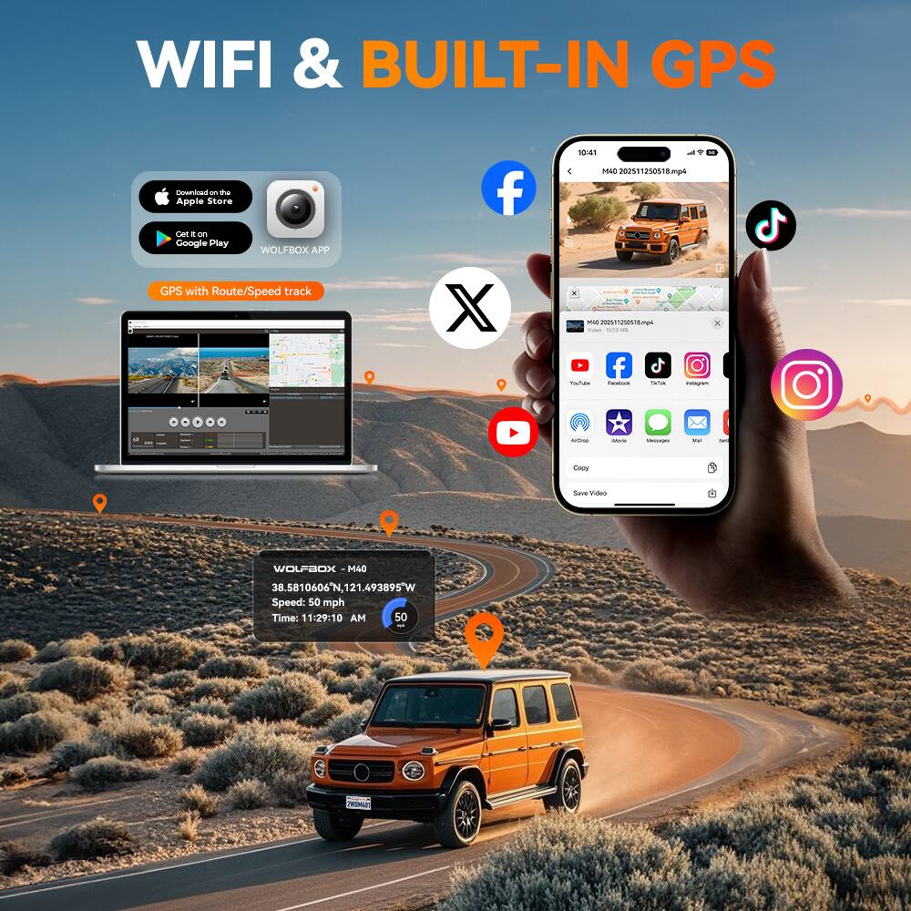 WIFI & BUILT-IN GPS

Download on the Apple Store  
Get it on Google Play  
WOLFBOX APP

GPS with Route/Speed track

WOLFBOX - M40  
38.5810606N, 121.493895W  
Speed: 50 mph  
Time: 11:29:10 AM

M40_202511250518.mp4