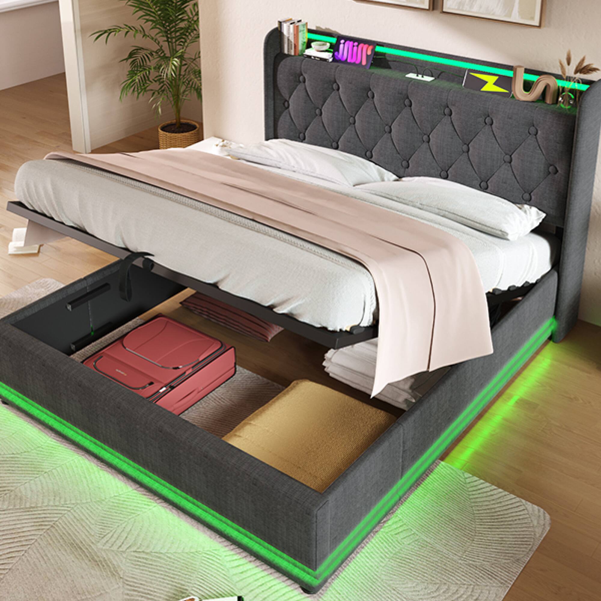 Alt View 6. GOODSILO - Queen Size Upholstered LED Bed with Hydraulic Storage and USB Charging - Gray.