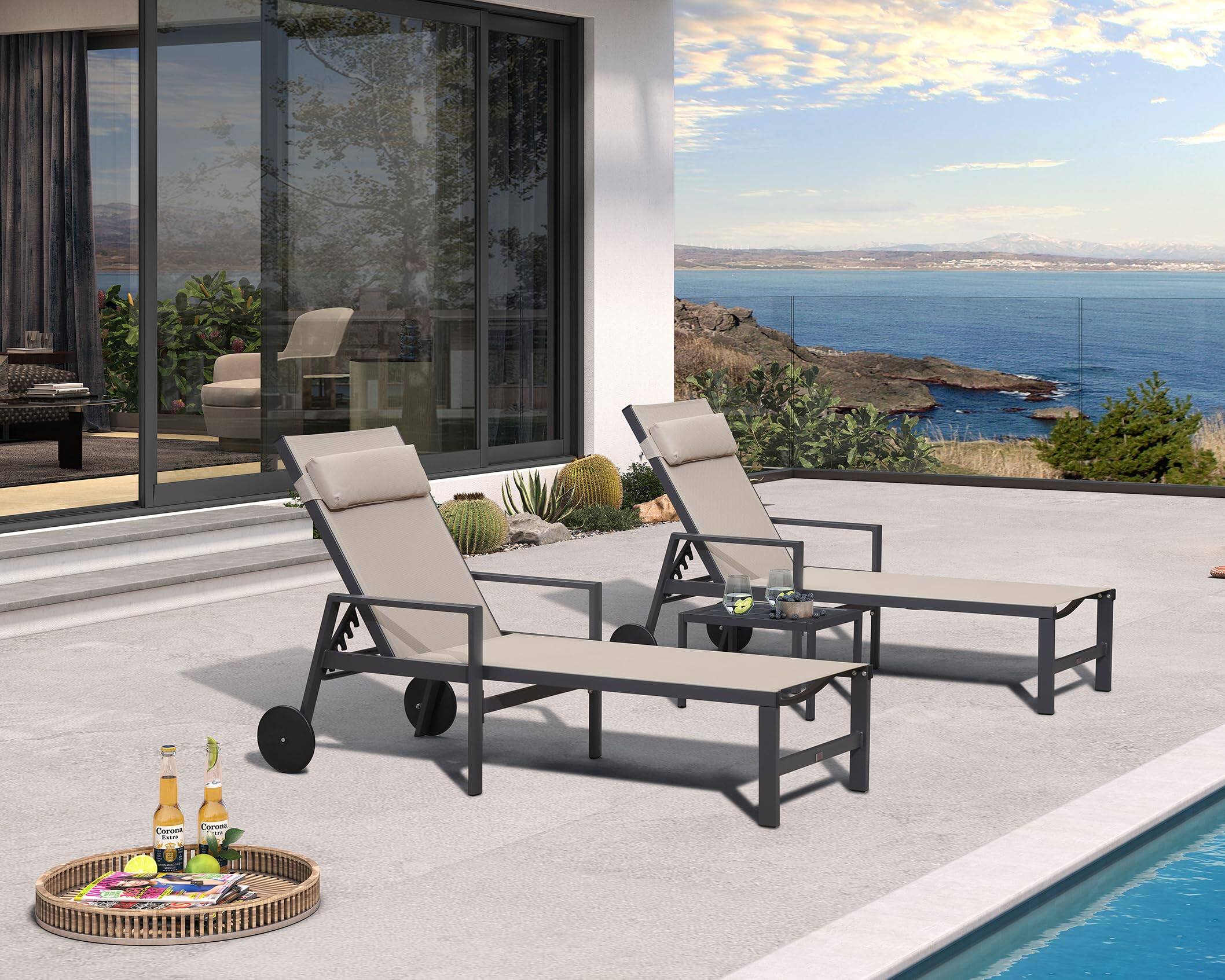 PURPLE LEAF - 3-Pieces Aluminum Frame with Armrest Side Table and Wheels for Outside Sunbathing Recliner Including Pillows - Beige