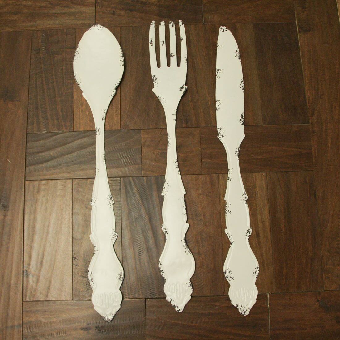 Alt View 4. Zeckos - 30 In Large Utensil Wall Art Decorative Knife Spoon Fork Farmhouse Kitchen Decor - White.