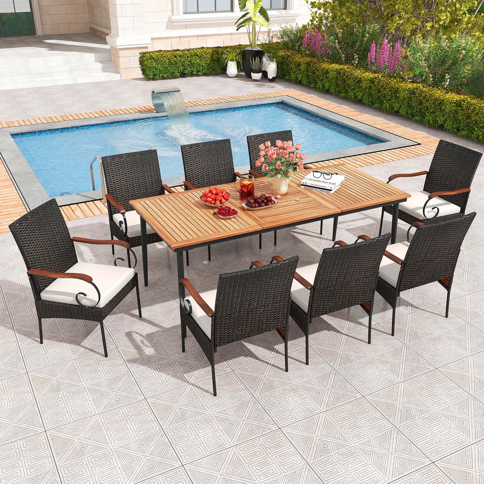 Alt View 1. Costway - 9 PCS Patio Dining Set with Acacia Wood Tabletop 1.9" Umbrella Hole Outdoor - Natural & Black,Mix Brown,Off White.