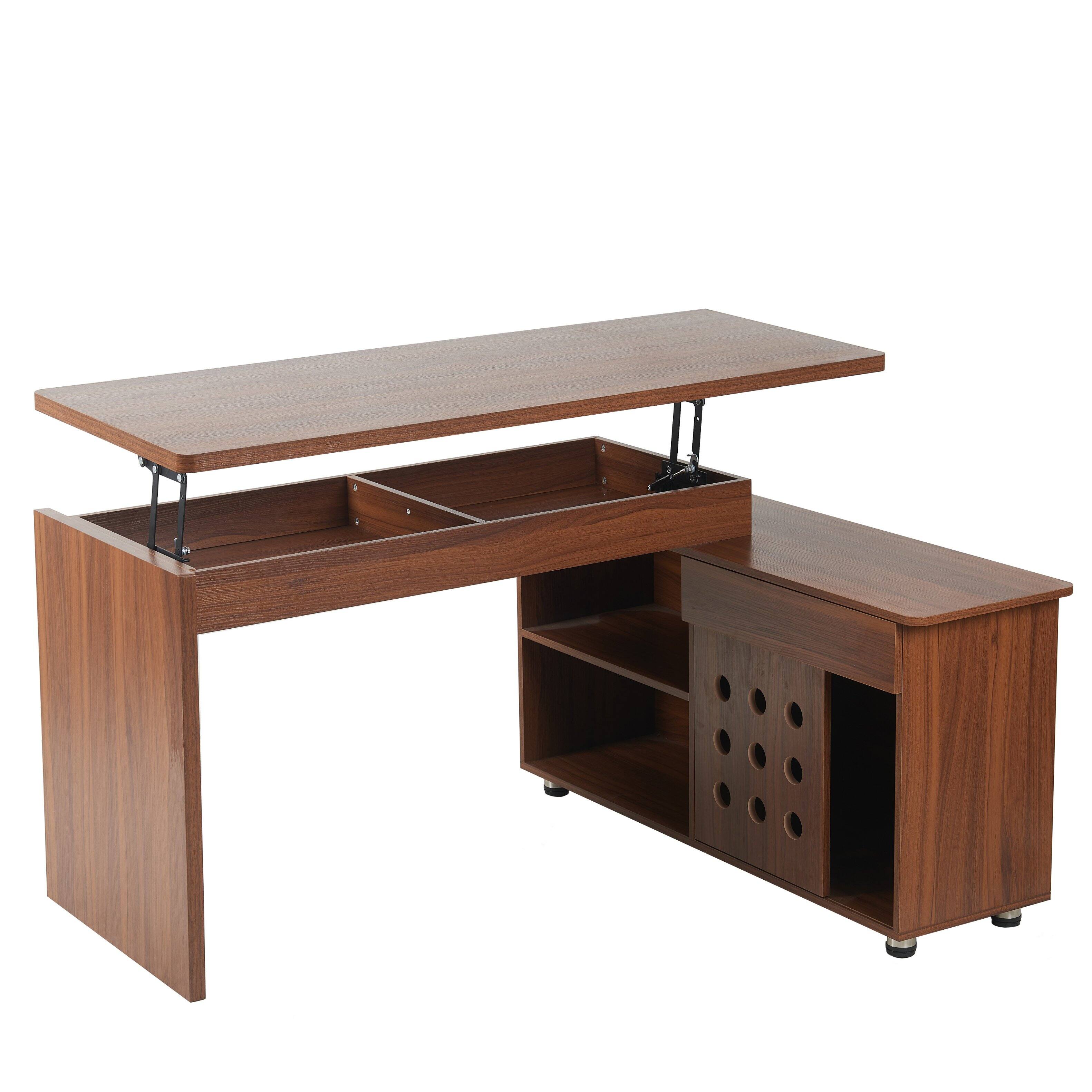 Alt View 5. GOODSILO - 55.1"" L-Shaped Executive Desk with Height Adjustment, Storage Drawers & Cabinet - Walnut.