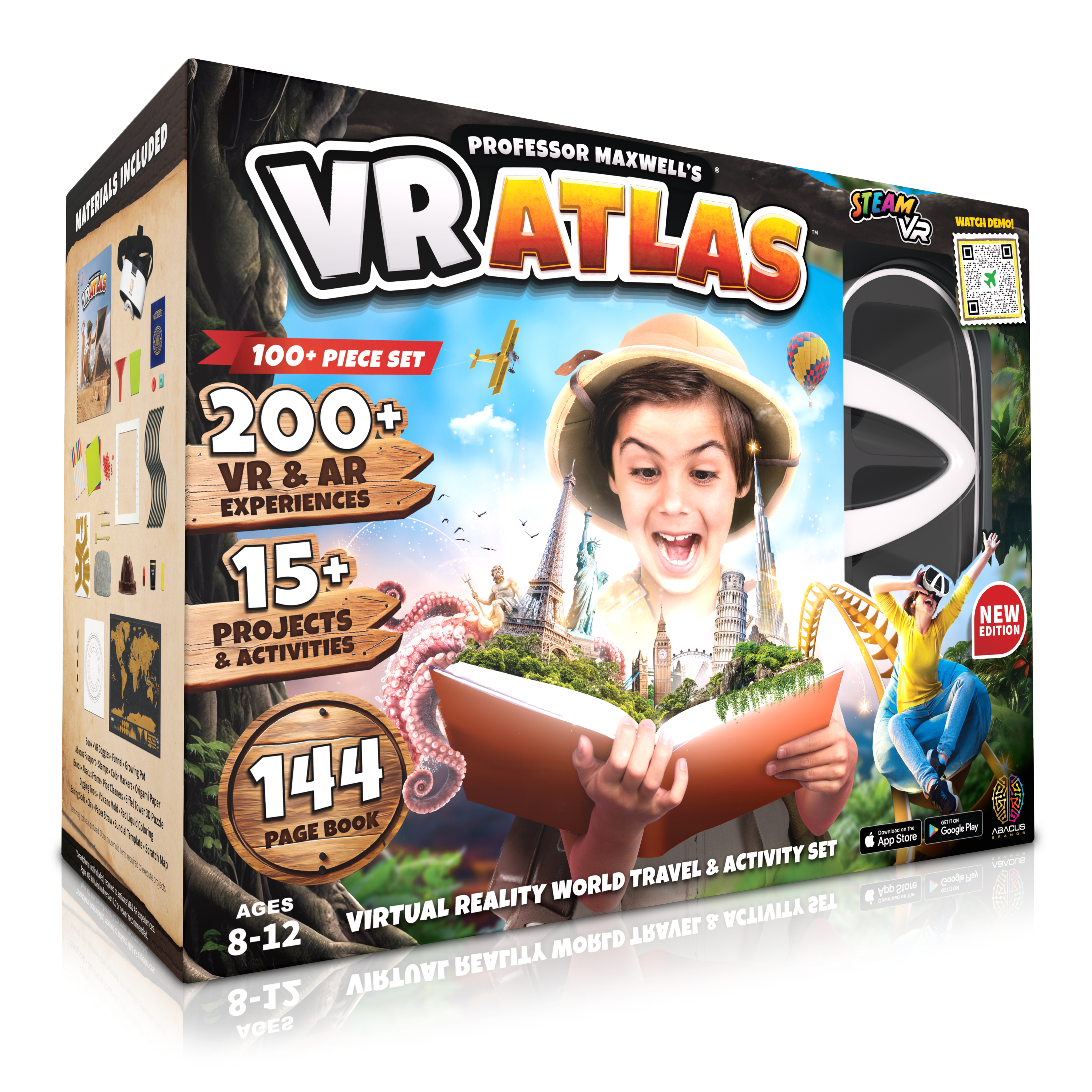**Professor Maxwell's VR Atlas**

- **100+ Piece Set**
- **200+ VR & AR Experiences**
- **15+ Projects & Activities**
- **144 Page Book**
- **Ages 8-12**
- **Virtual Reality World Travel & Activity Set**
- **New Edition**
- **Materials Included**
- **Steam VR Compatible**
- **App Store & Google Play Available**
- **Watch Demo**