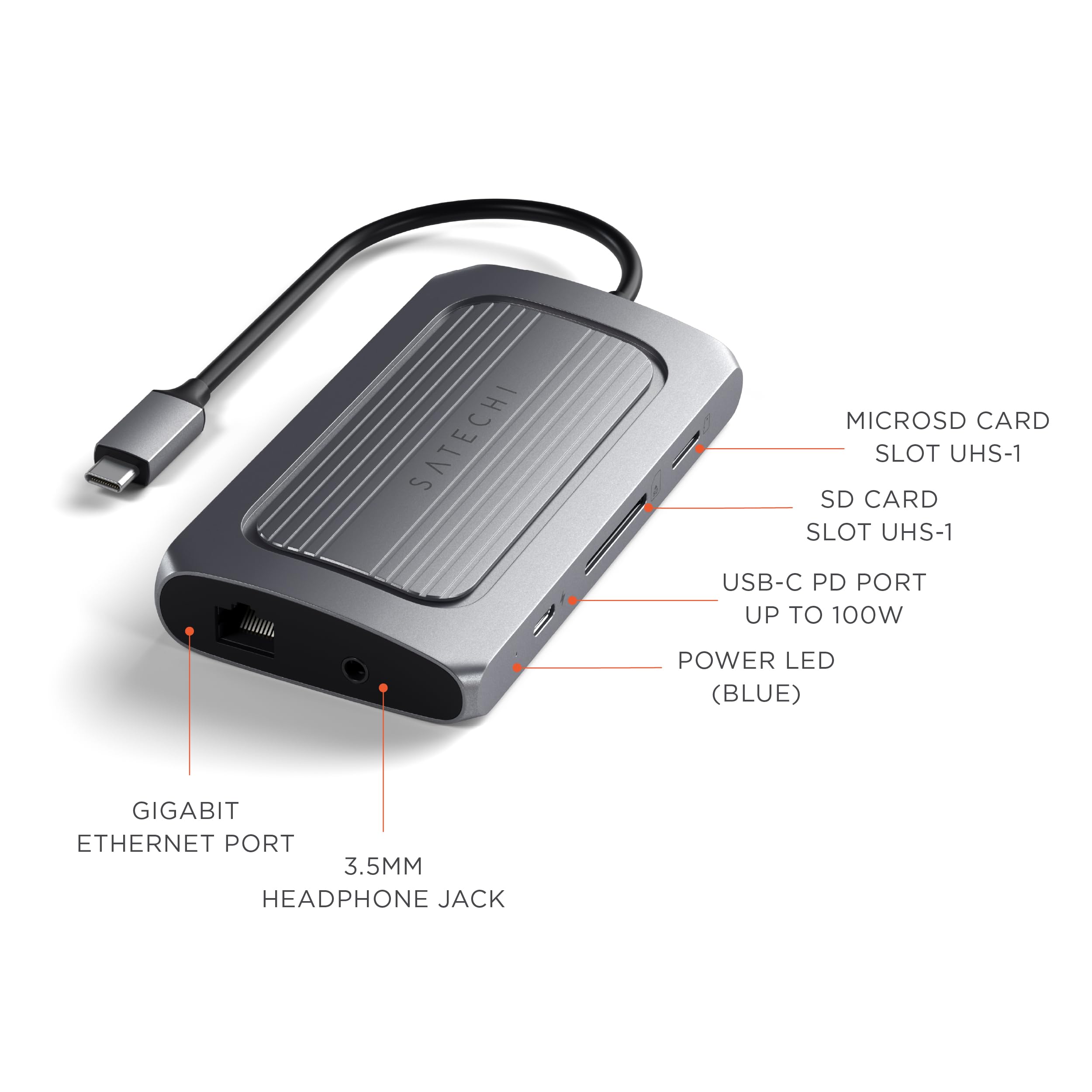 SATECHI MICROSD CARD SLOT UHS-1 SD CARD SLOT UHS-1 USB-C PD PORT UP TO 100W POWER LED (BLUE) GIGABIT ETHERNET PORT 3.5MM HEADPHONE JACK