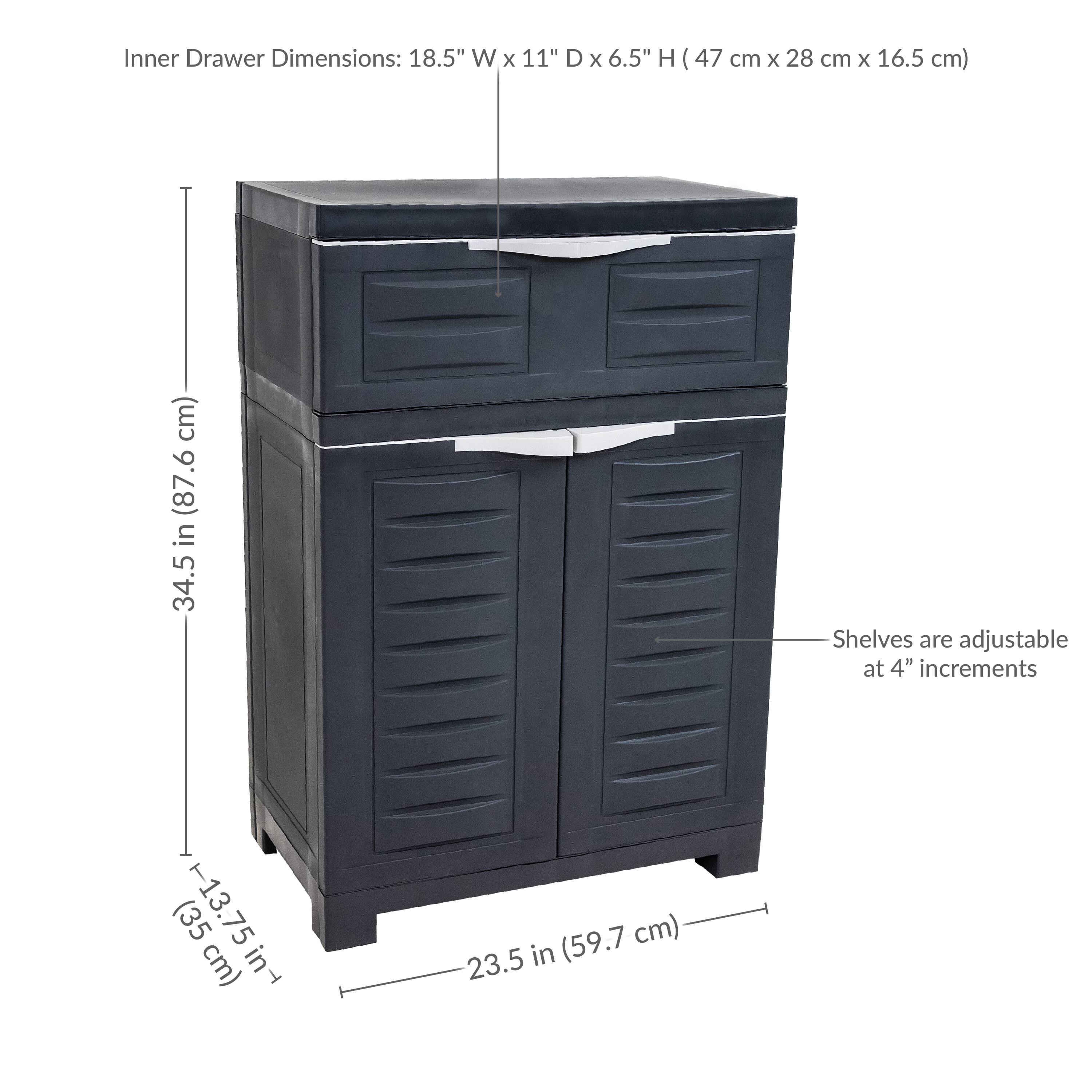 Inner Drawer Dimensions: 18.5" W x 11" D x 6.5" H (47 cm x 28 cm x 16.5 cm)

Shelves are adjustable at 4" increments (10.2 cm)

Overall Dimensions: 23.5" W x 13.75" D x 34.5" H (59.7 cm x 35 cm x 87.6 cm)